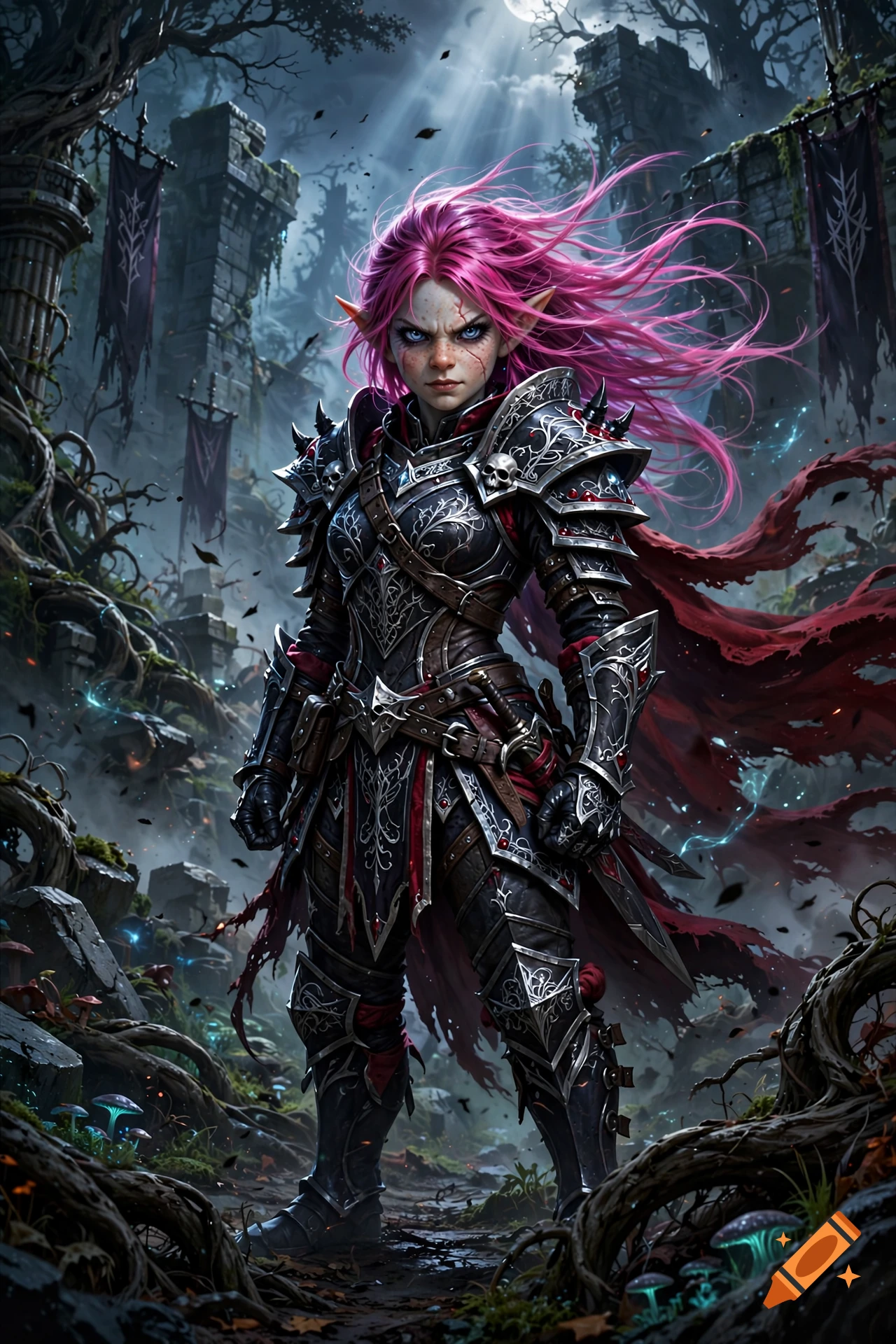 An elven warrior with vibrant pink hair and intense expression, clad in ornate dark armor, stands amidst a dark, ruined landscape under a moonlit sky.