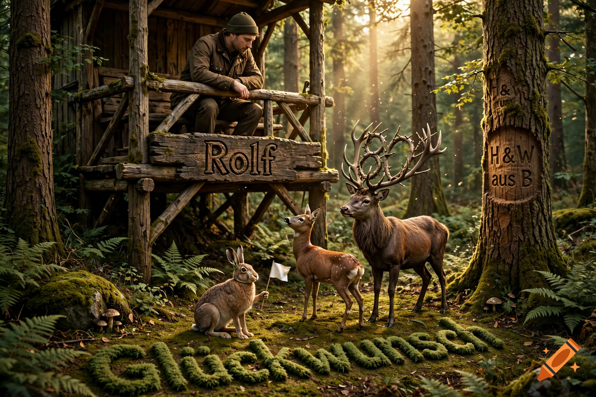 Photorealistic scene of a man in a wooden hunting stand in a forest, looking down at a hare holding a flag, a deer, and a stag, with text carved into wood and moss.