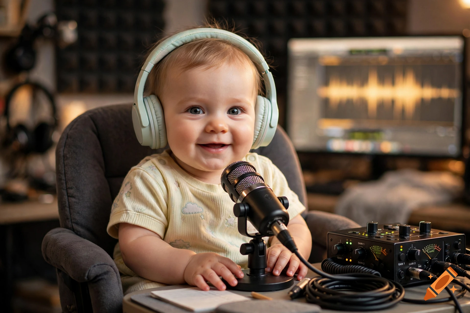 Photorealistic image of a smiling baby wearing headphones and sitting in a chair in front of a microphone and audio mixer.