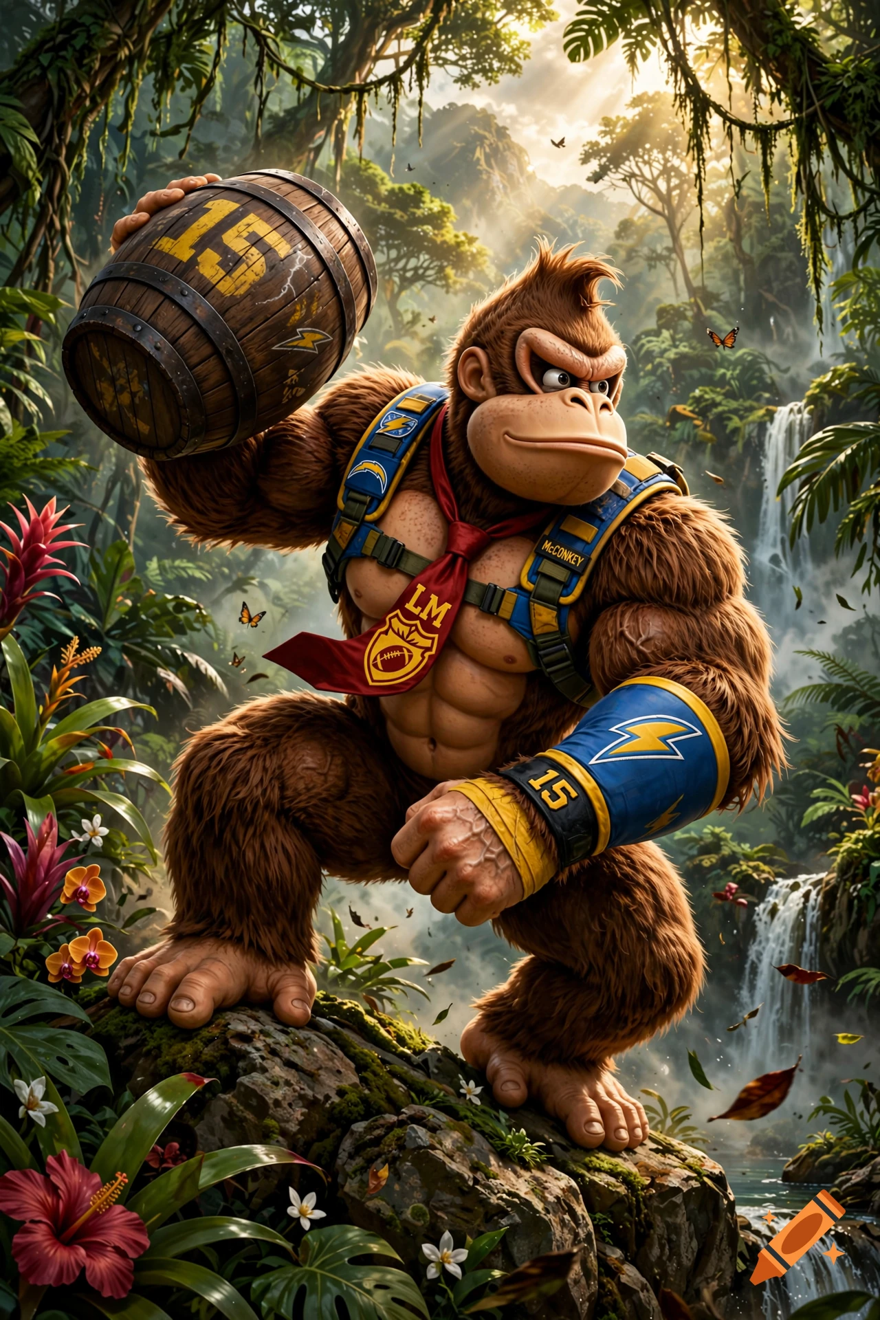 A muscular gorilla resembling Donkey Kong dressed in American football gear and holding a numbered barrel in a jungle.