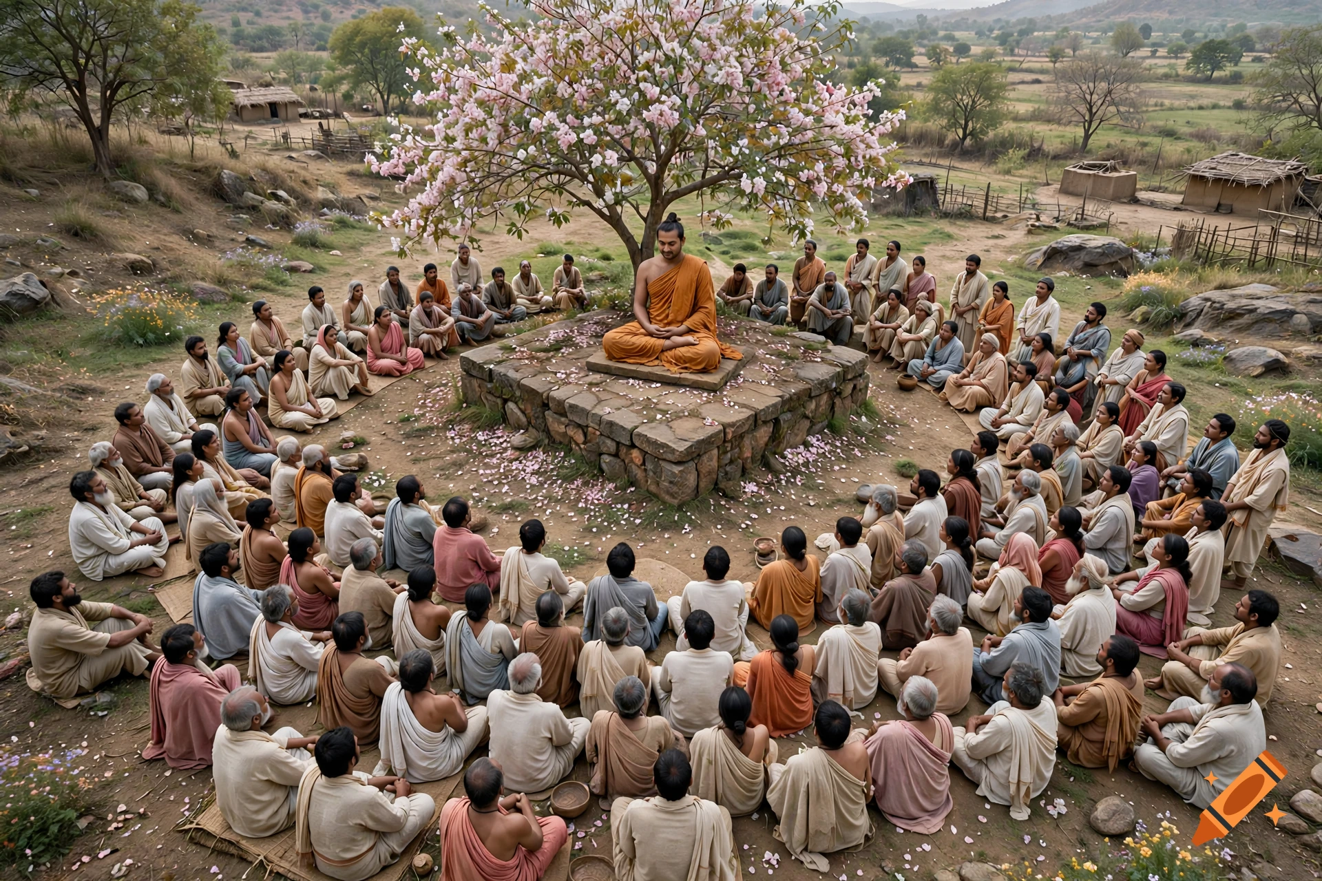 Aerial view of Gautama Buddha sitting on an elevated stone platform, giving a discourse to a large gathering of people dressed in ancient Indian attire under a blooming tree, in a realist style with pastel colors.