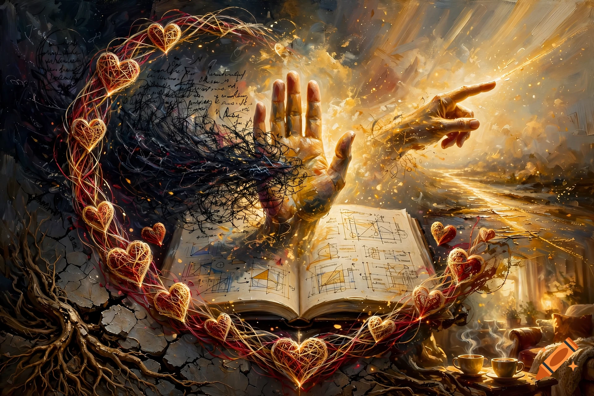 An expressive oil painting showing a hand emerging from an open book, surrounded by heart-shaped threads and chaotic text lines.