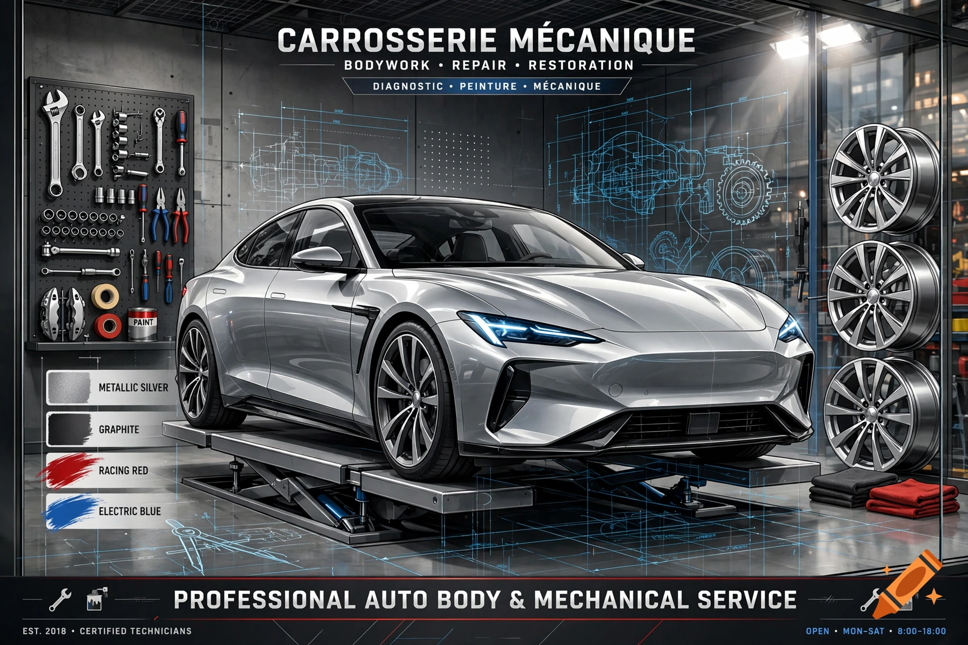 Sleek silver car on a hydraulic lift in a modern automotive repair shop with blueprints and tool walls in the background.