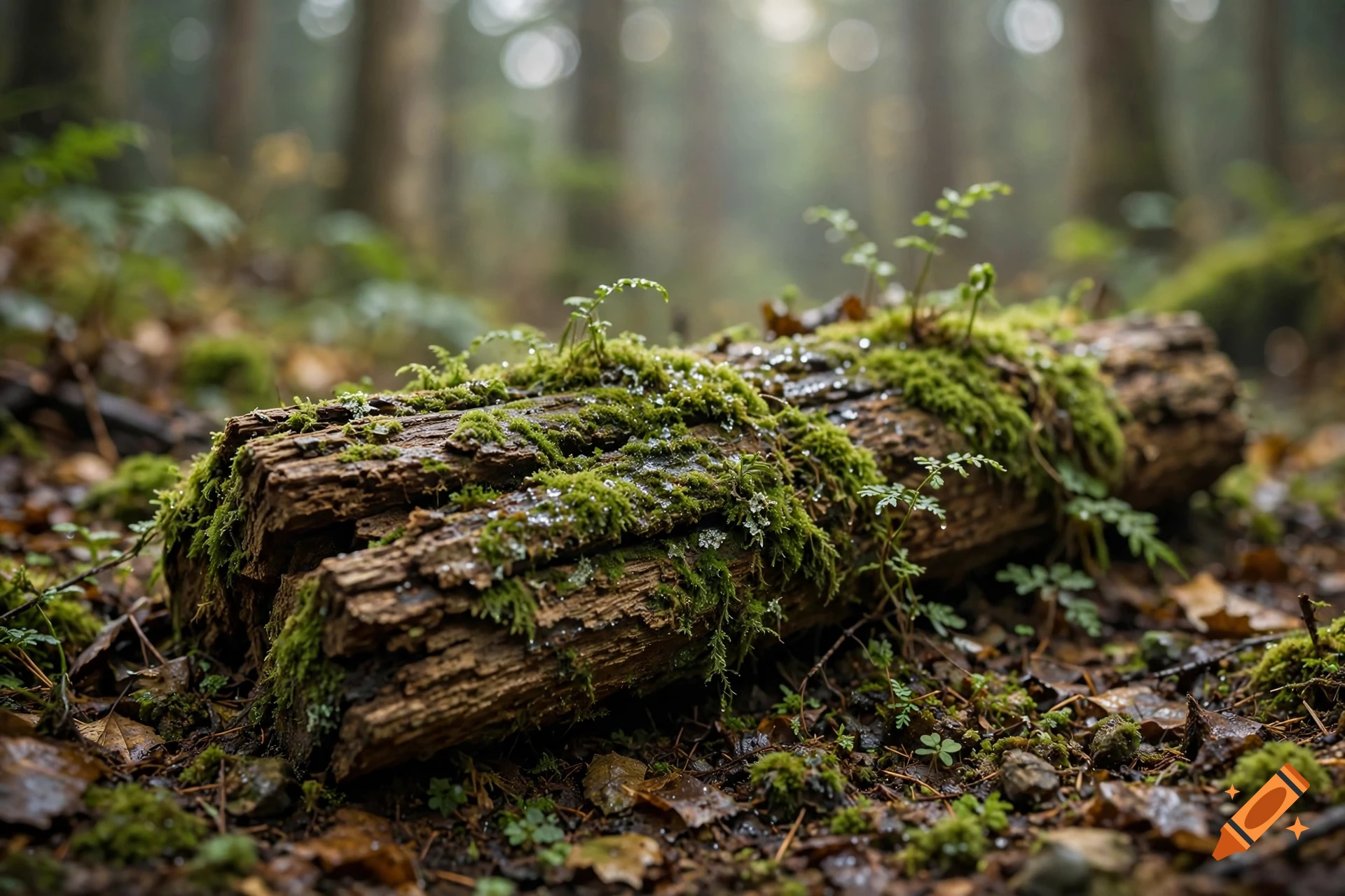 Photorealistic close-up of a moss-covered fallen log in a misty forest with water droplets.