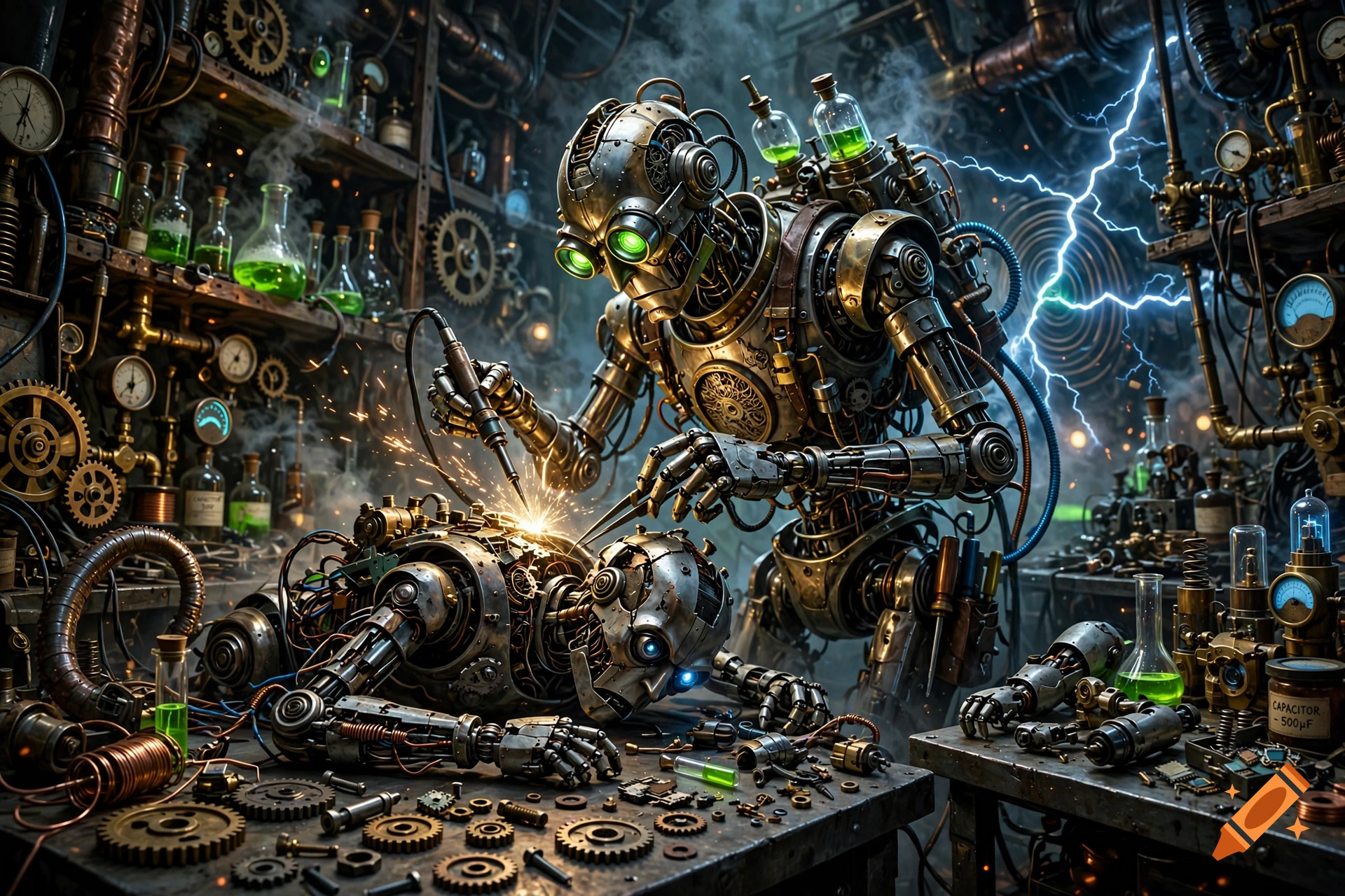 A steampunk robot repairing another robot on a cluttered workbench in a mad scientist laboratory filled with gears and electrical sparks.