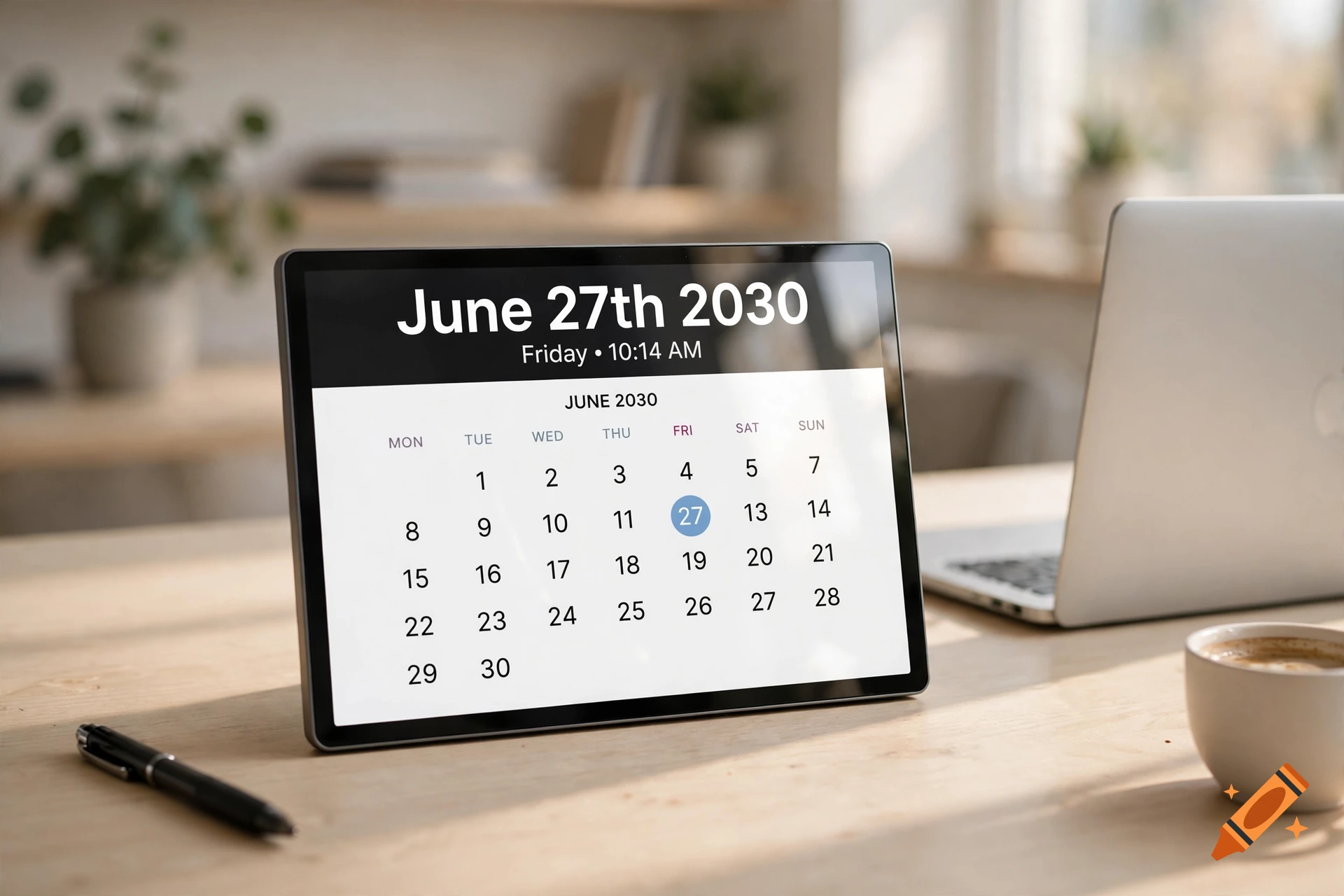 A tablet displaying a calendar for June 27th, 2030, sitting on a wooden desk next to a laptop and coffee cup.
