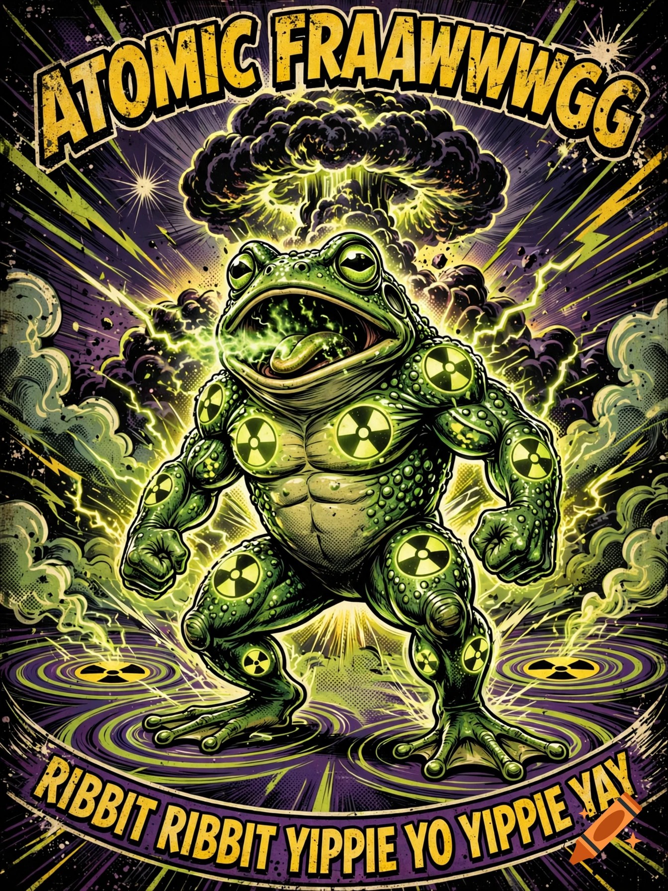Comic book style illustration of a muscular, radioactive green frog with radiation symbols, atomic explosion in the background, and bold text.