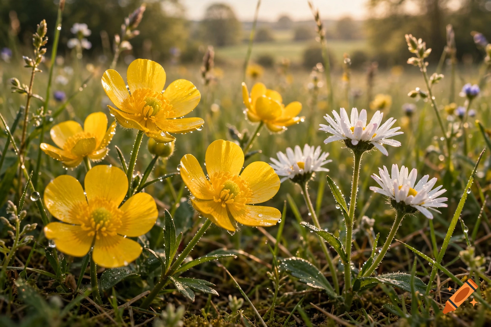 Close-up photorealistic shot of yellow buttercups and white daisies in a sunlit meadow with dewdrops.