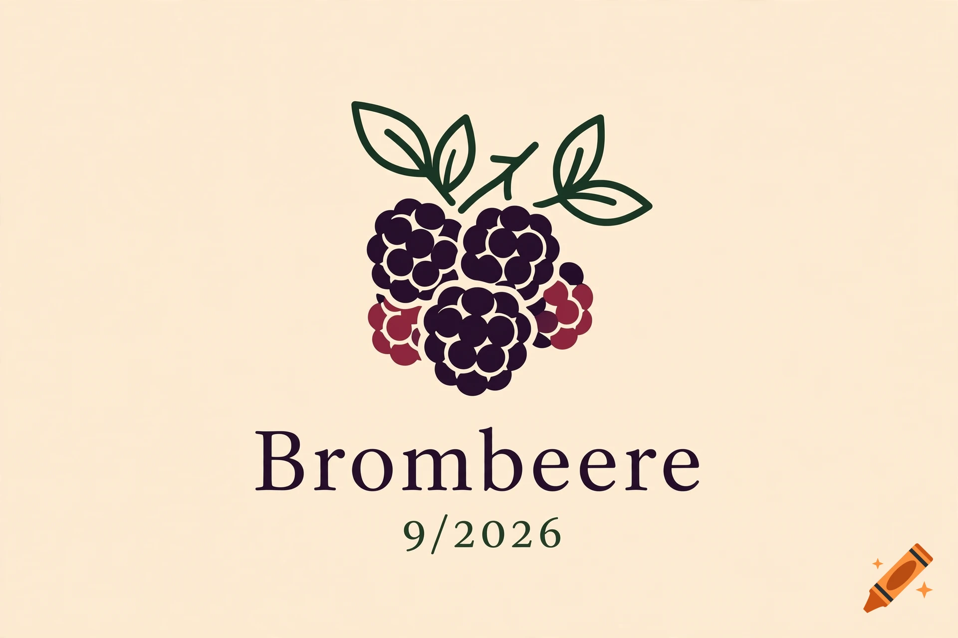 Minimalist vector logo of blackberries with green leaves and the text Brombeere 9/2026 on a cream background.