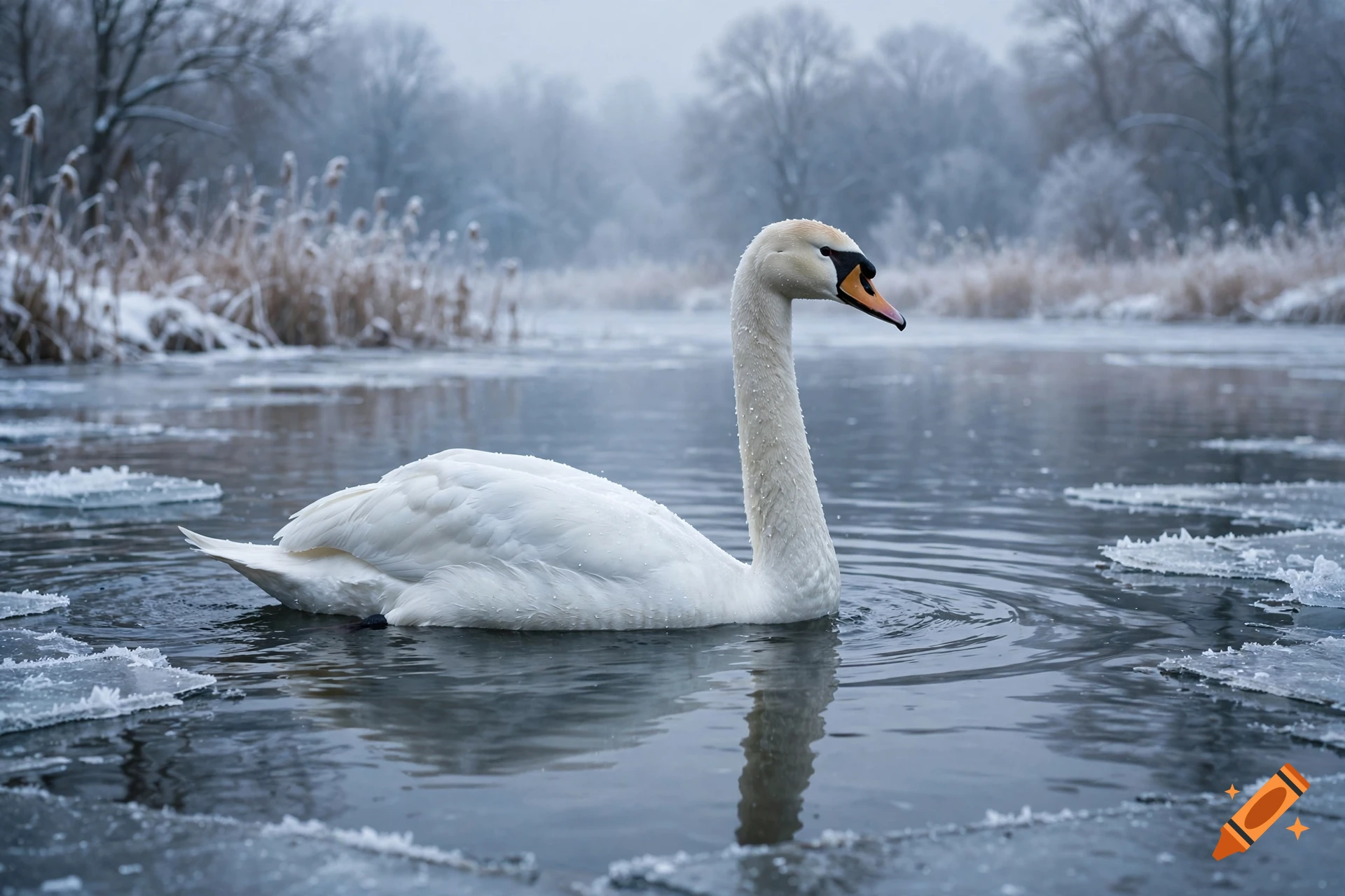 Photorealistic image of a white swan swimming in a partially frozen lake during winter, surrounded by snowy reeds and trees.