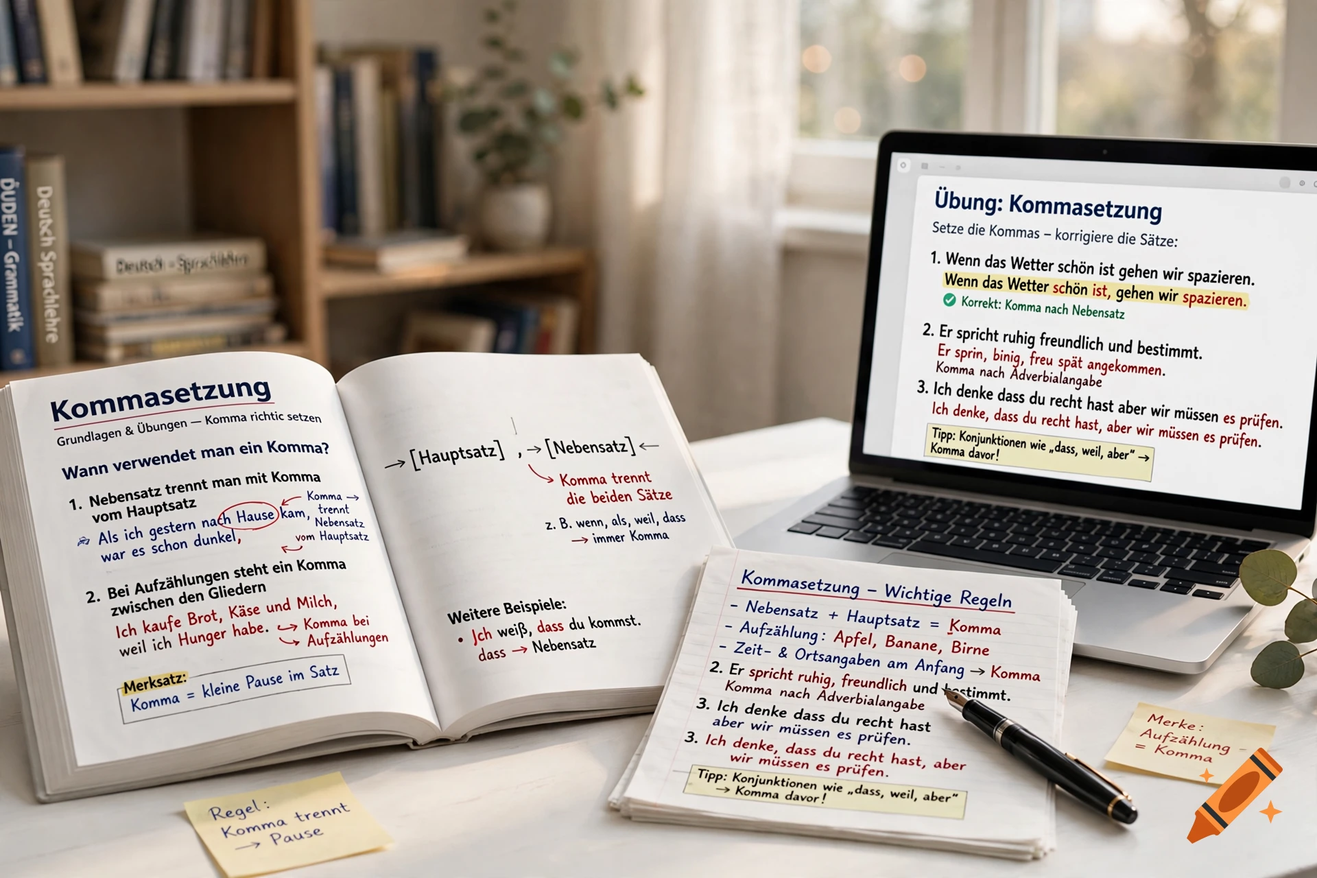 An open textbook and a laptop displaying German grammar rules about comma placement in a brightly lit room.