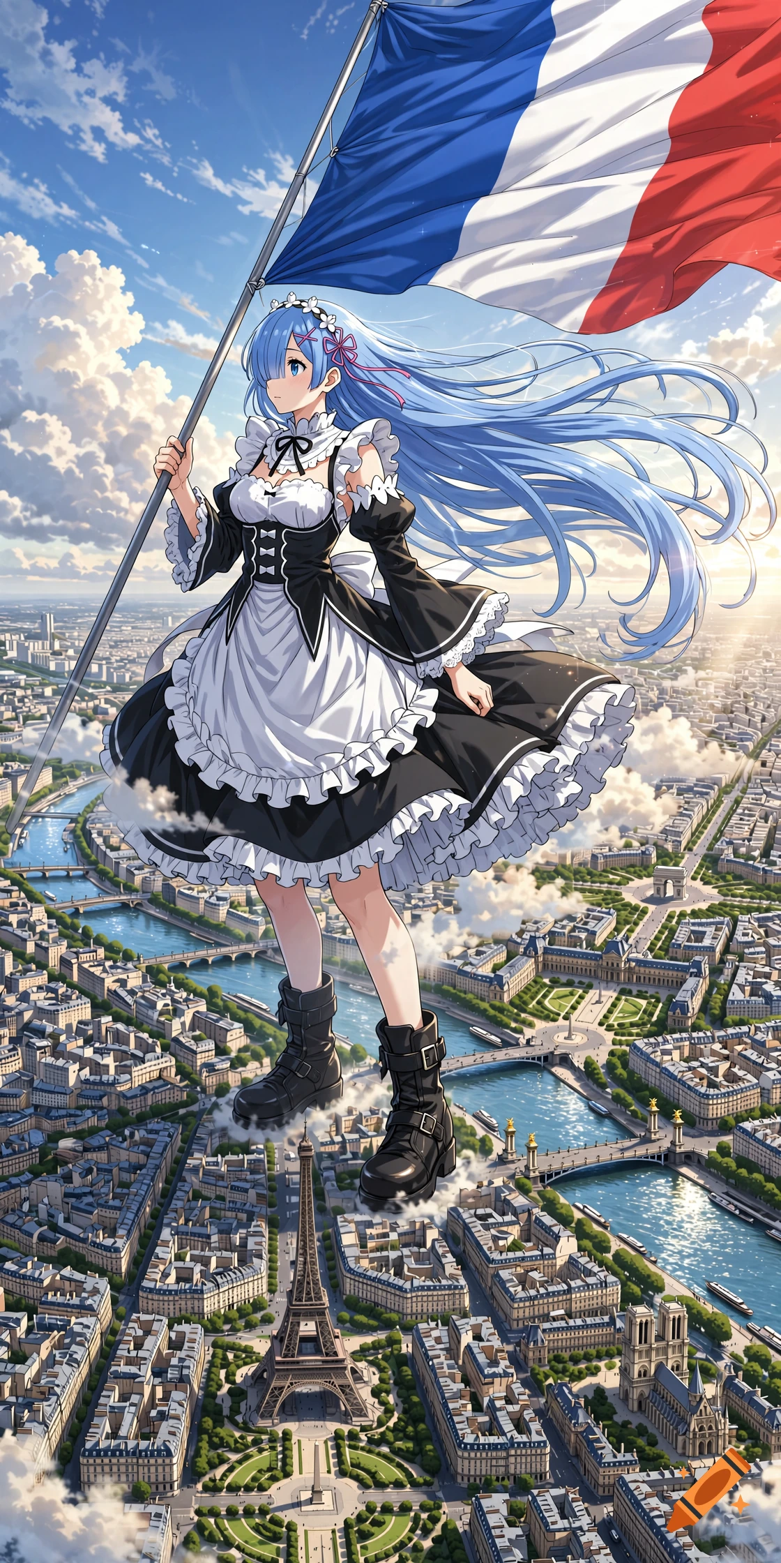 Manga-style illustration of a giant anime girl holding a French flag while standing over Paris.