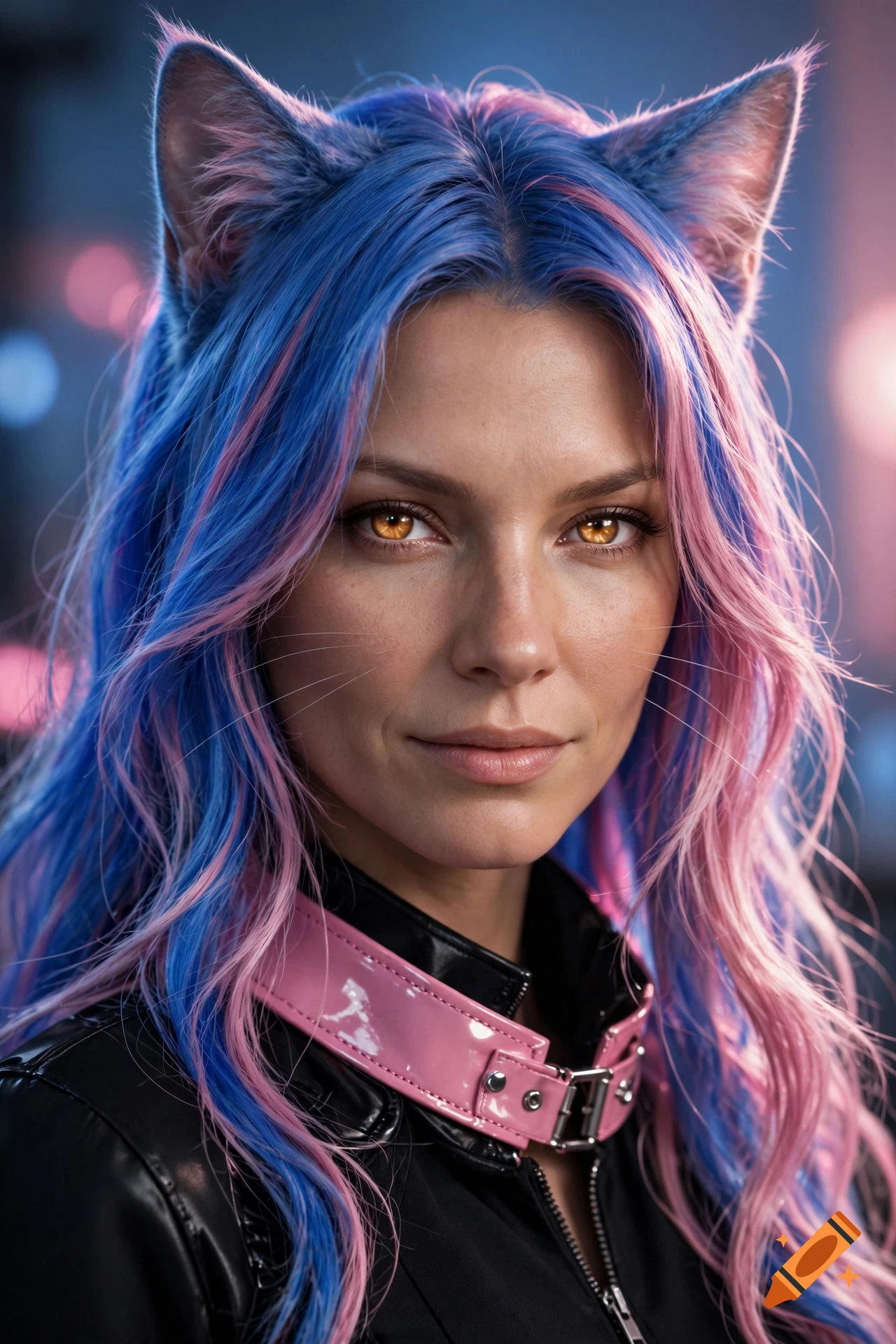Photorealistic close-up portrait of a woman with blue and pink hair, cat ears, and amber eyes, wearing a pink and black collar.