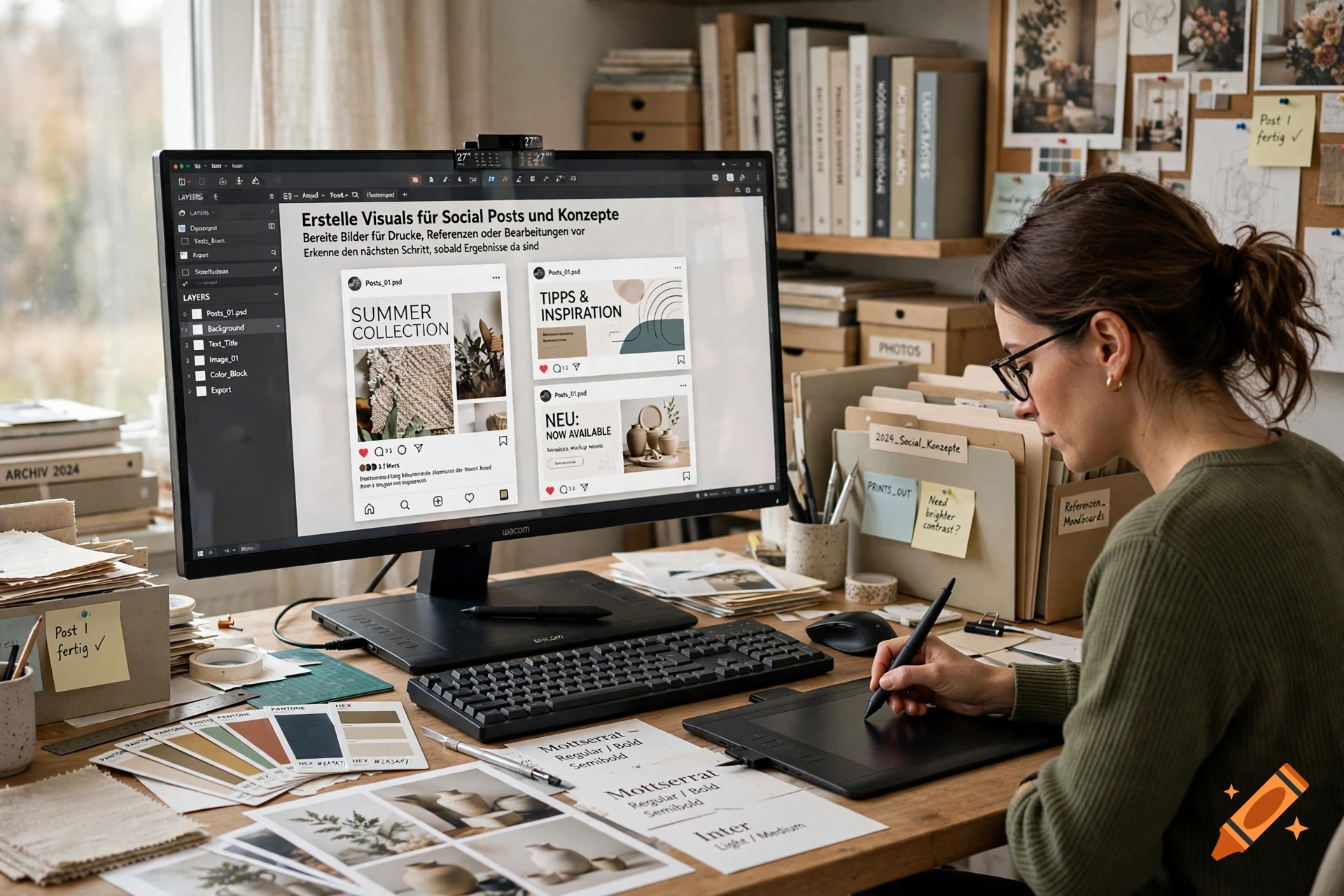 A woman working at a desk with a large computer monitor displaying design software and a drawing tablet.