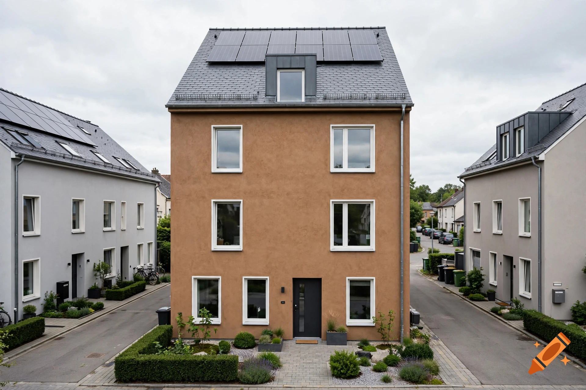 Photorealistic front view of a row house with brown facade, gray slate roof with solar panels, and white-framed windows.