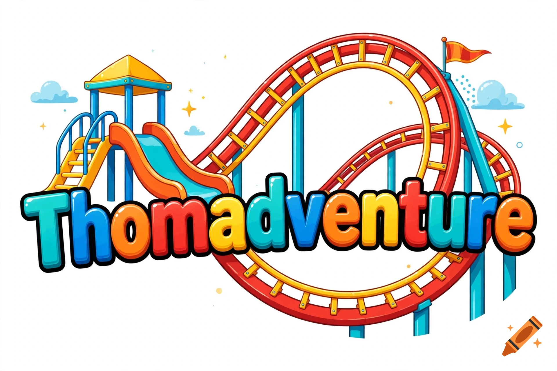 Colorful vector cartoon logo featuring a roller coaster and playground slide with the text Thomadventure.