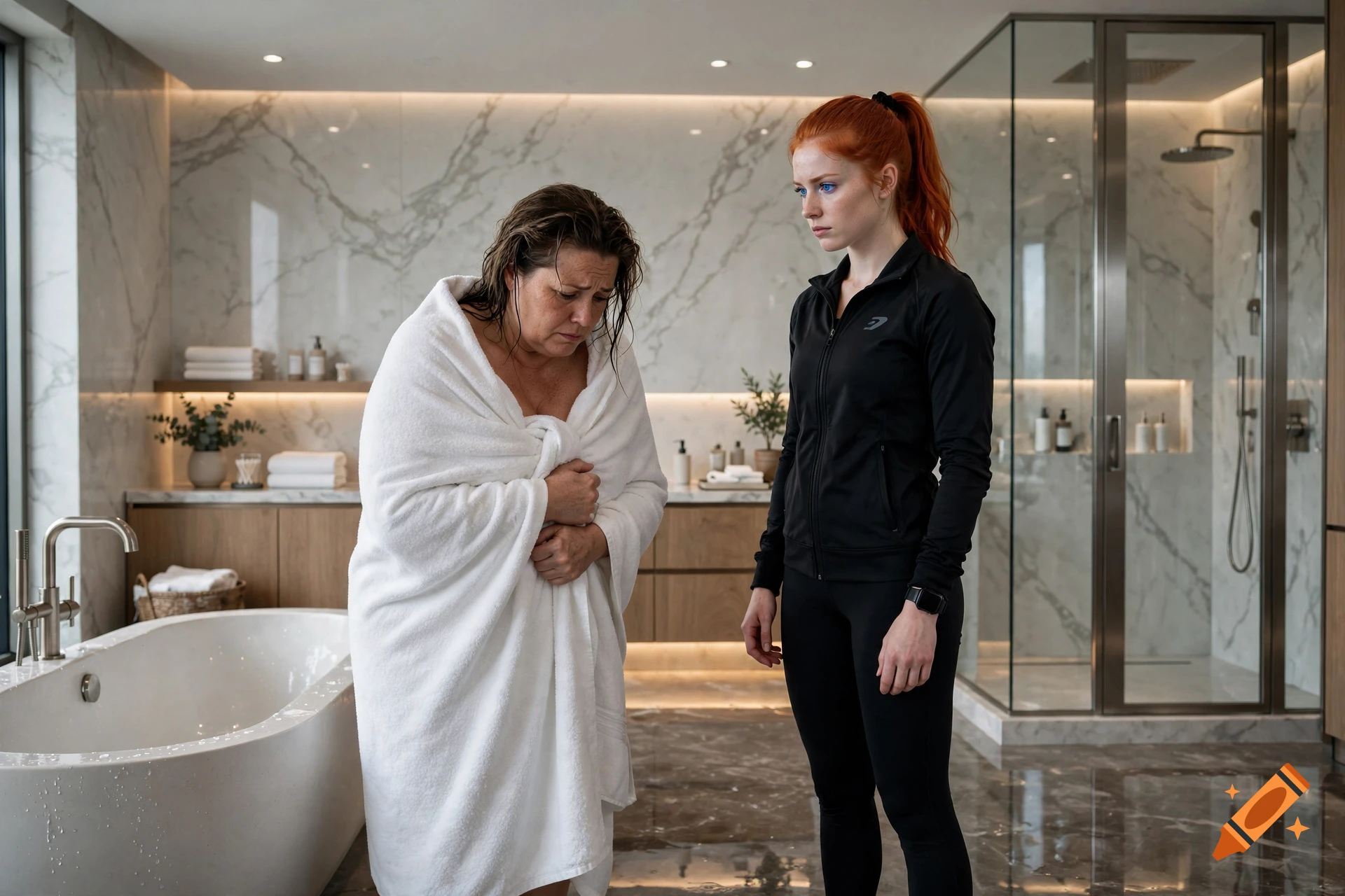 Photorealistic scene of a woman wrapped in a towel looking down, standing next to a stern fitness coach in a luxury bathroom.