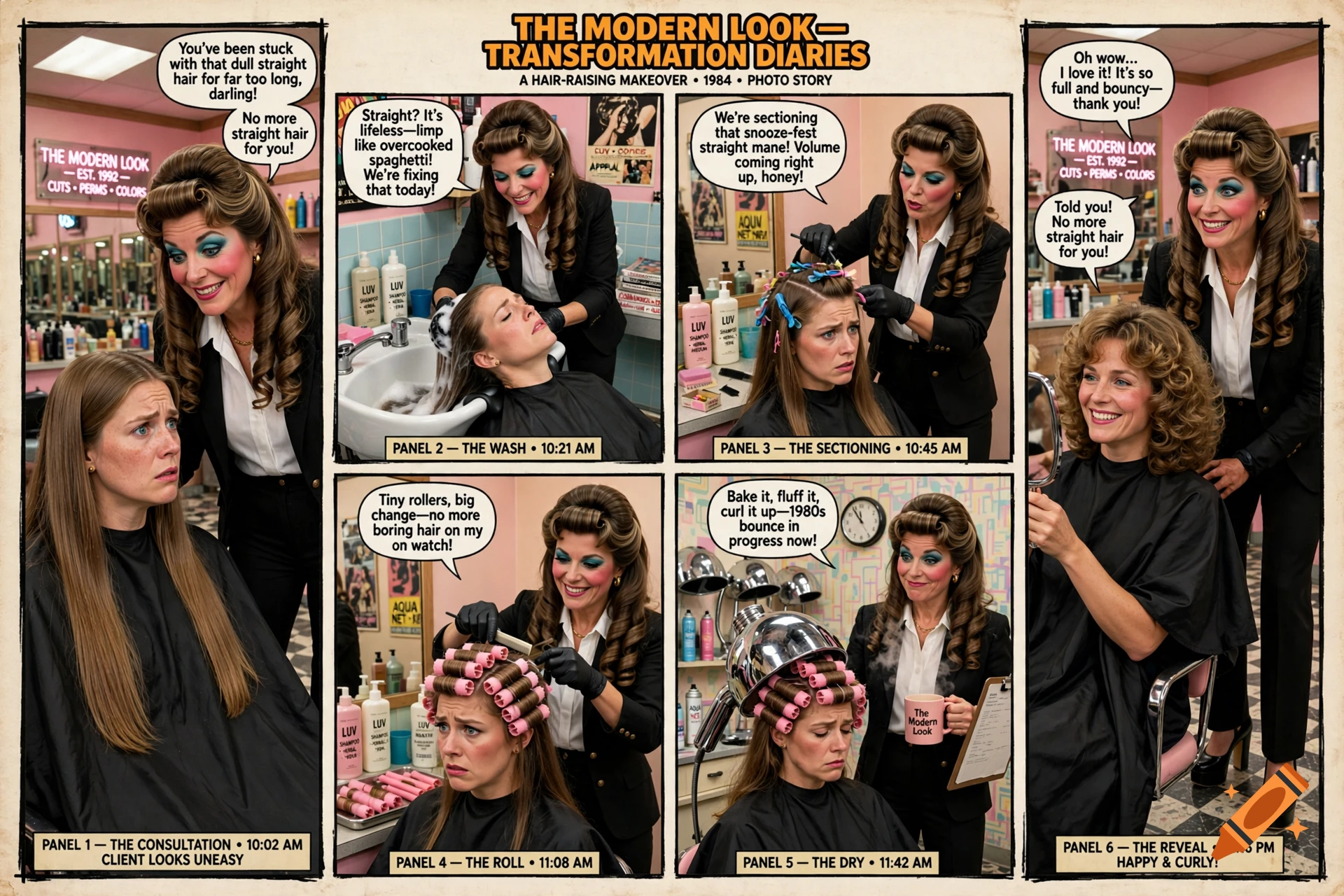 Comic book style photo-story panel grid depicting a surreal 1980s hair salon makeover with a tense client and a strict stylist.