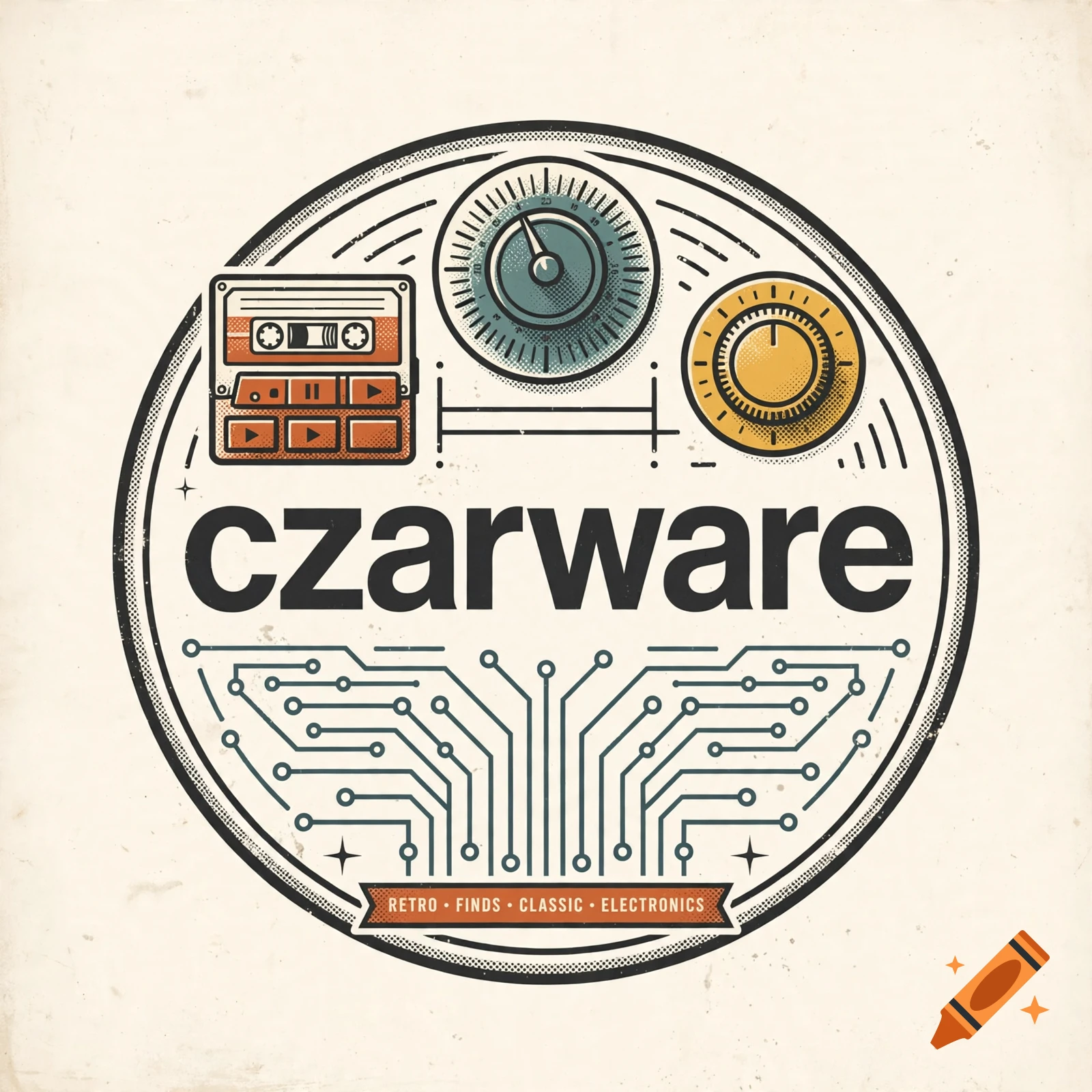 Circular retro badge logo with the text czarware, audio cassette, dial, and circuit board design in a vintage style.