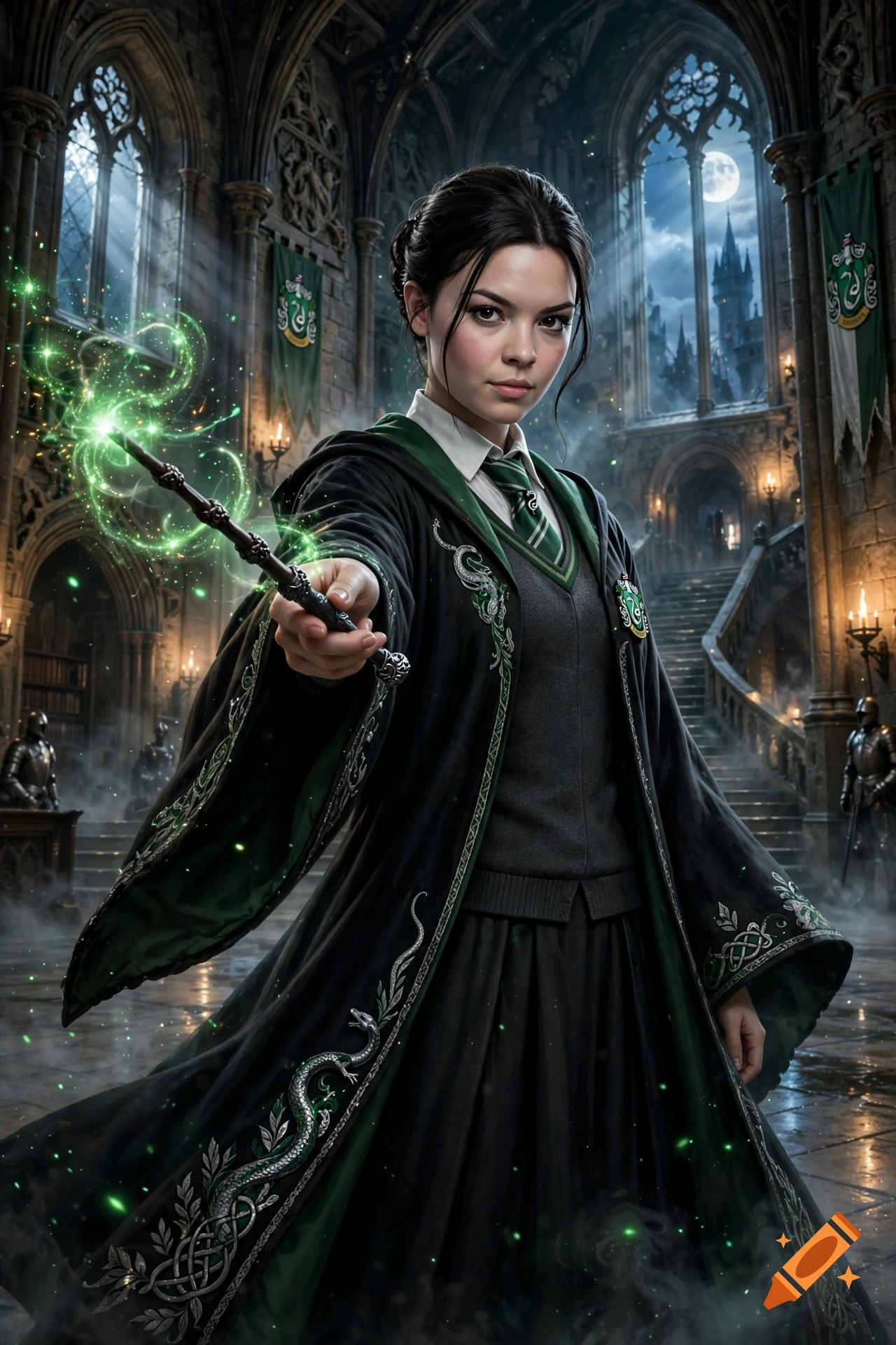Photorealistic depiction of Pansy Parkinson in Hogwarts robes, holding a glowing wand inside a stone hall at night.