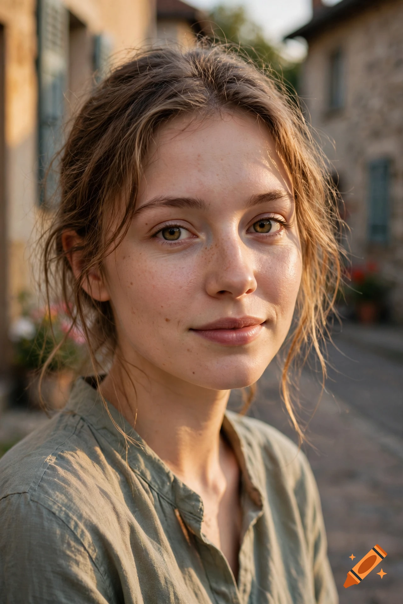 Close-up portrait of a young woman with light brown hair and freckles, wearing a green button-down shirt outdoors with stone buildings in the background.
