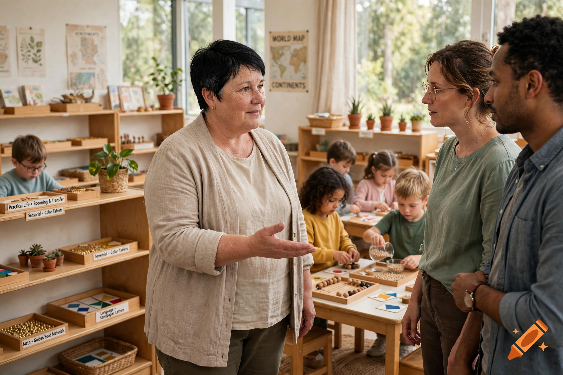 An educator talking to parents in a Montessori classroom with children working at tables.