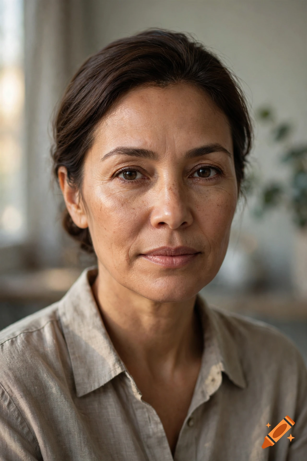 Close-up photorealistic portrait of a 40-year-old woman with medium skin tone looking seriously at the camera.