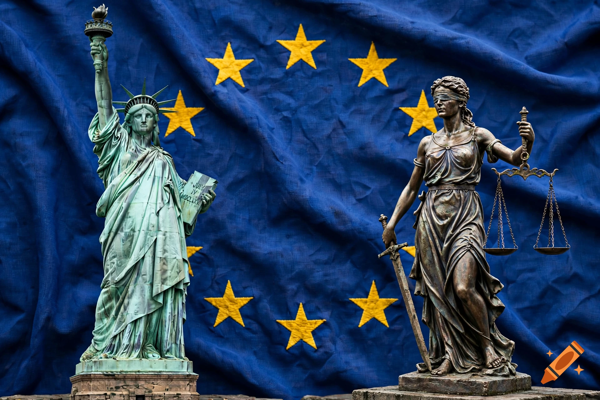 Statue of Liberty on the left and Lady Justice on the right standing against a large European Union flag background, photorealistic style.