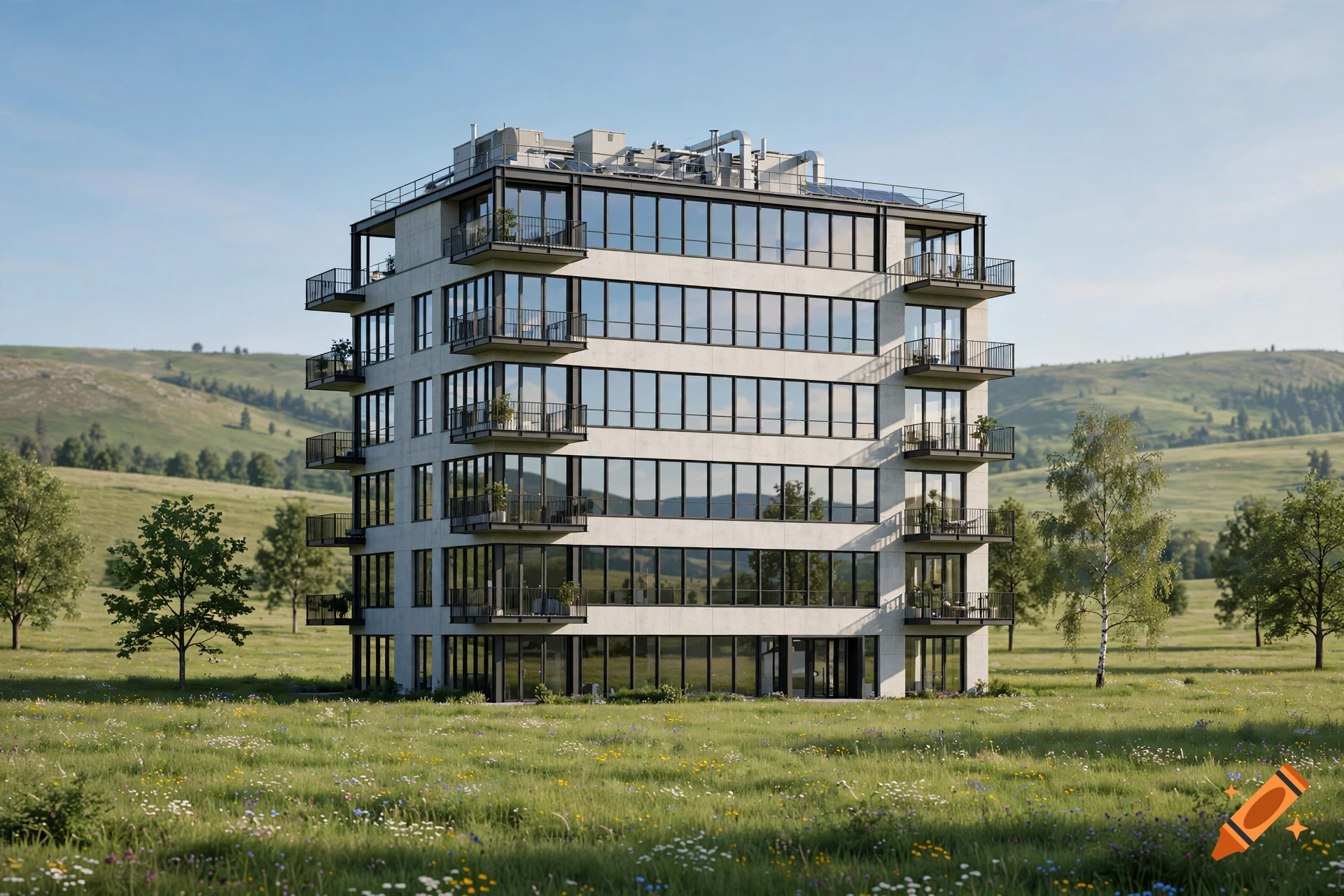 A photorealistic modern multi-story building with balconies standing in a green field with wildflowers, surrounded by rolling hills.