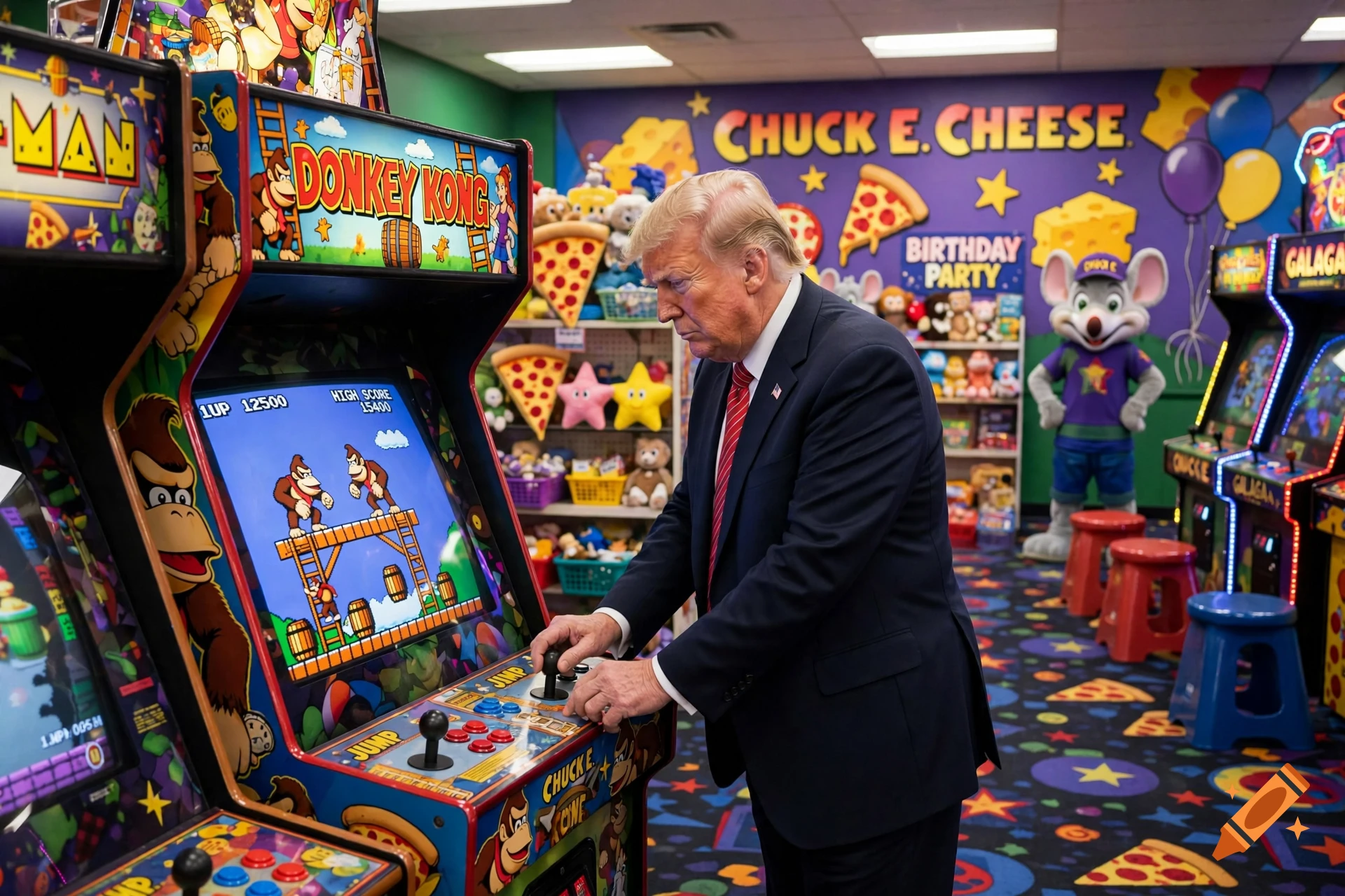 Photorealistic image of Donald Trump playing a Donkey Kong arcade game at a Chuck E. Cheese.