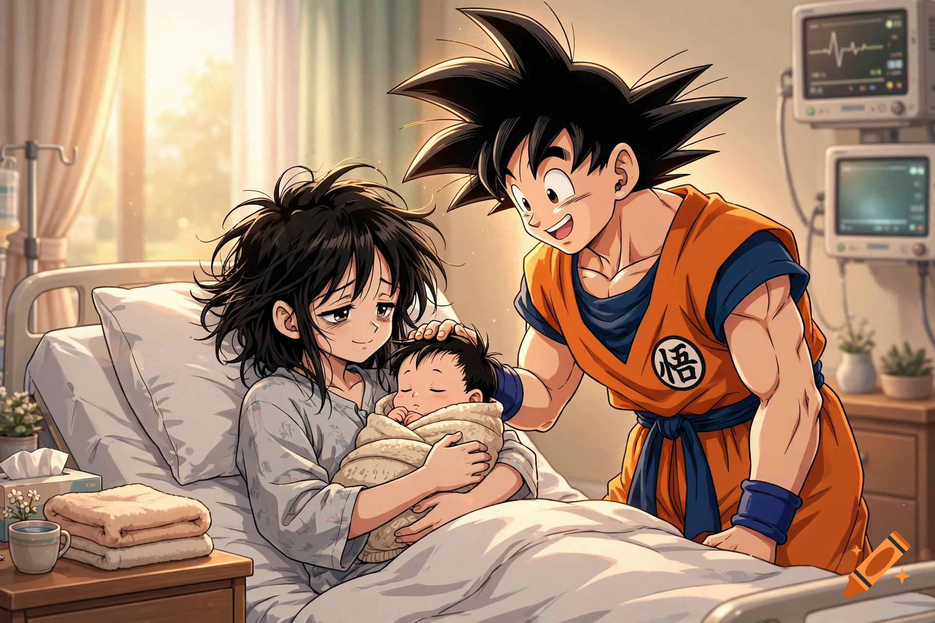 Anime style illustration of Goku smiling at an exhausted Chi-Chi holding a newborn baby in a hospital room.