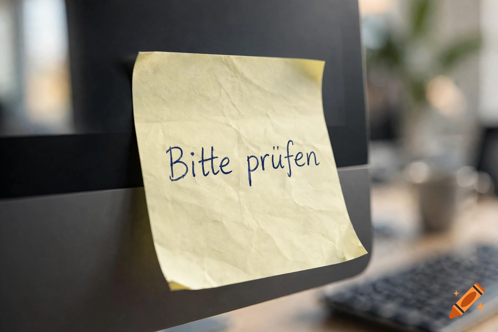 A yellow sticky note with the handwritten German text "Bitte prüfen" attached to a computer monitor.