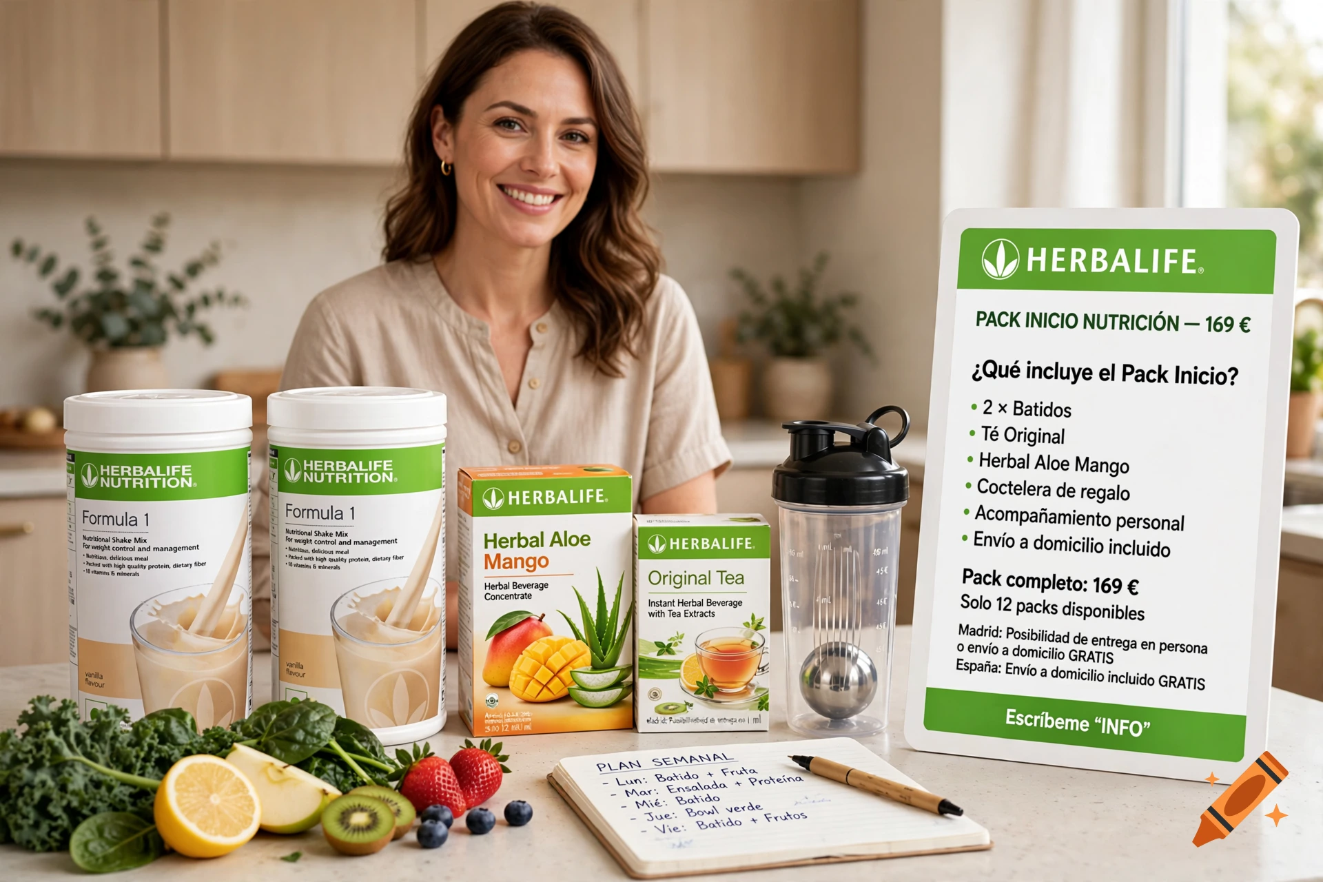 Smiling woman in a kitchen with Herbalife products, a shaker, fruit, and a promotional sign.