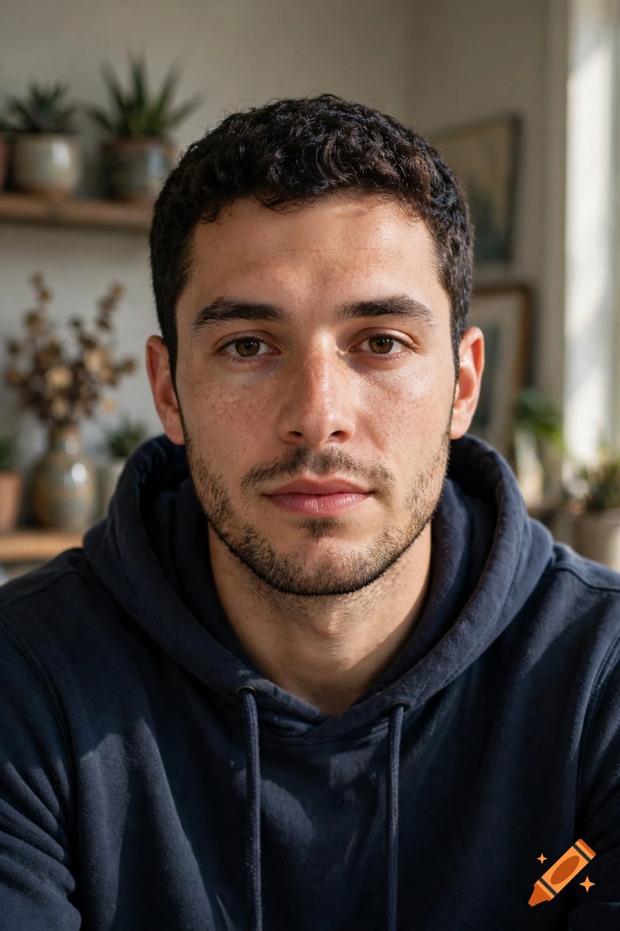 Close-up photorealistic portrait of a young man with dark curly hair, short beard, and brown eyes, wearing a dark hoodie.