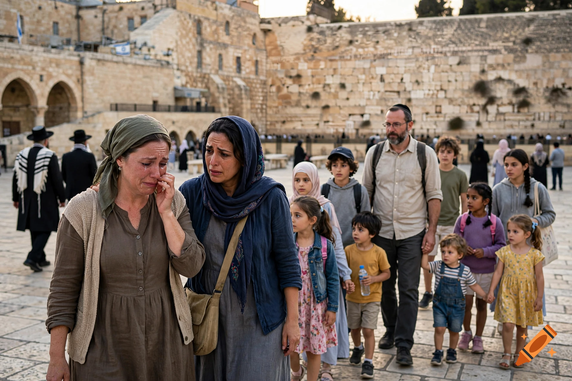 Photorealistic image of a family walking near the Western Wall in Jerusalem, one woman crying while another comforts her.