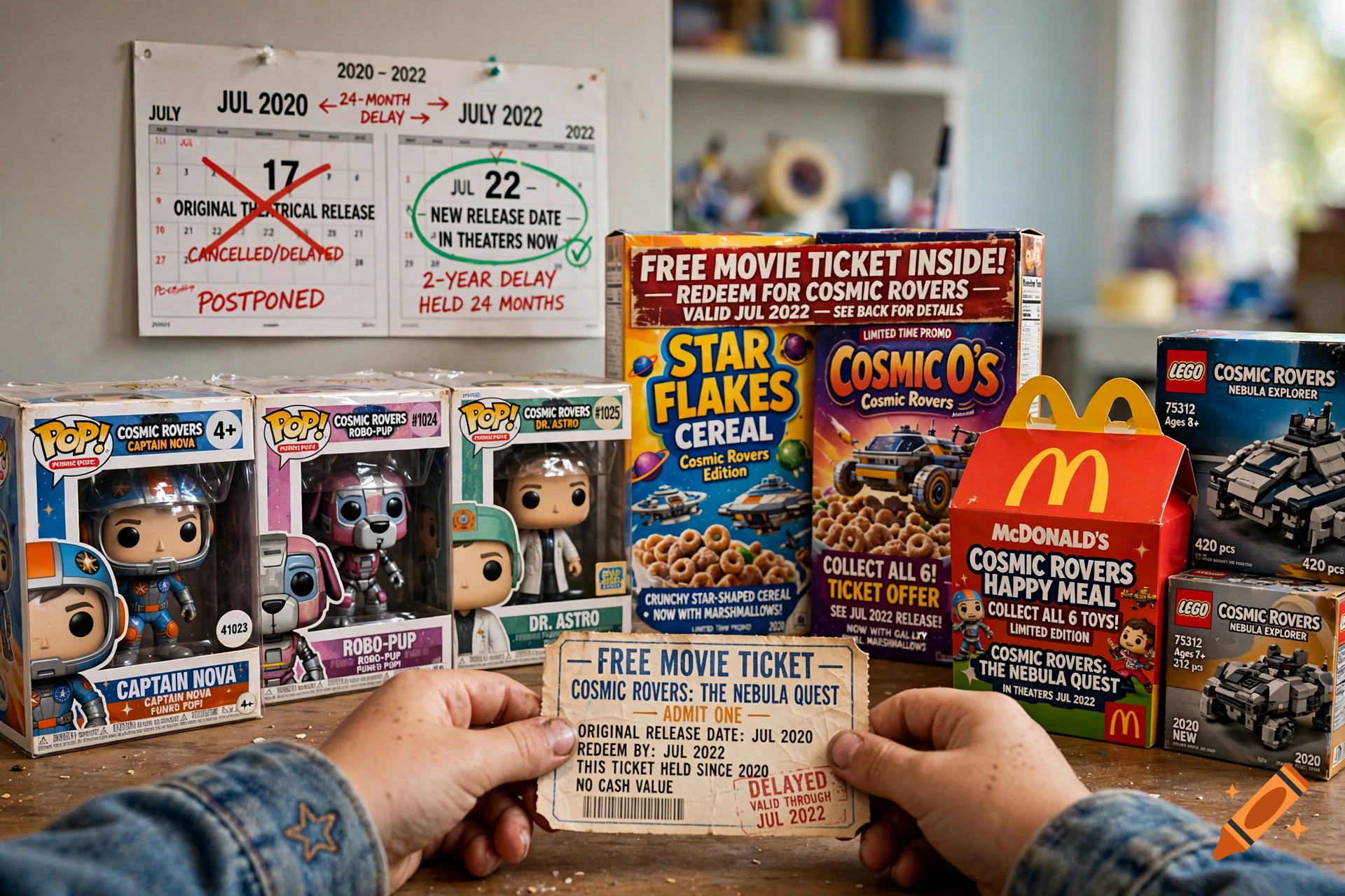 Close-up photorealistic shot of a person holding a movie ticket surrounded by Funko Pops, cereal boxes, and LEGO sets.