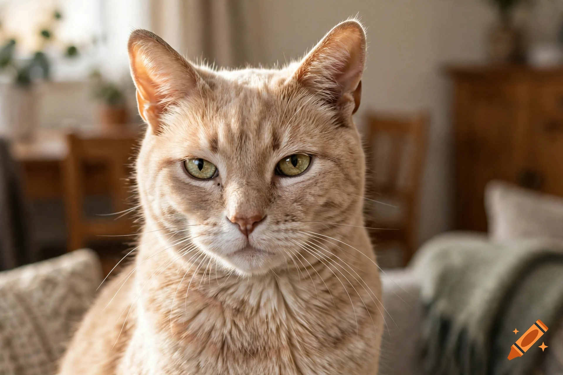 Close-up portrait of an orange tabby cat looking directly at the camera indoors.