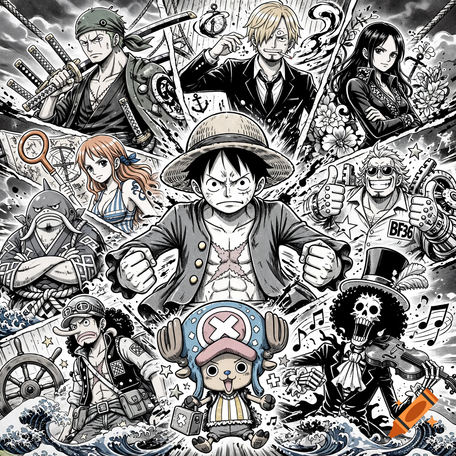 Black and white manga style collage of One Piece characters featuring Luffy in the center.