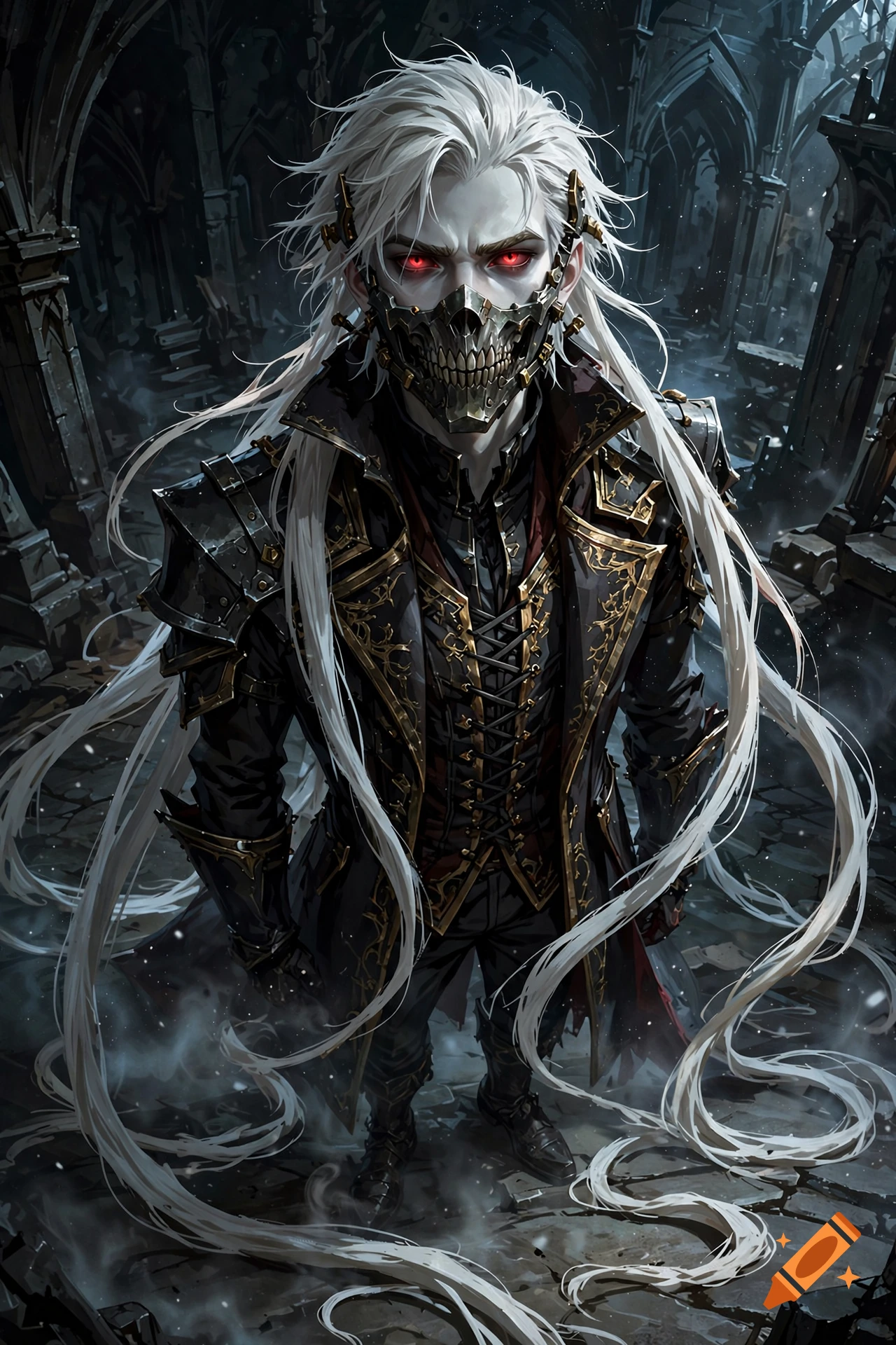 Male vampire with long white hair, red eyes, and a metal jawbone mask wearing a gothic coat, in Arcane style.