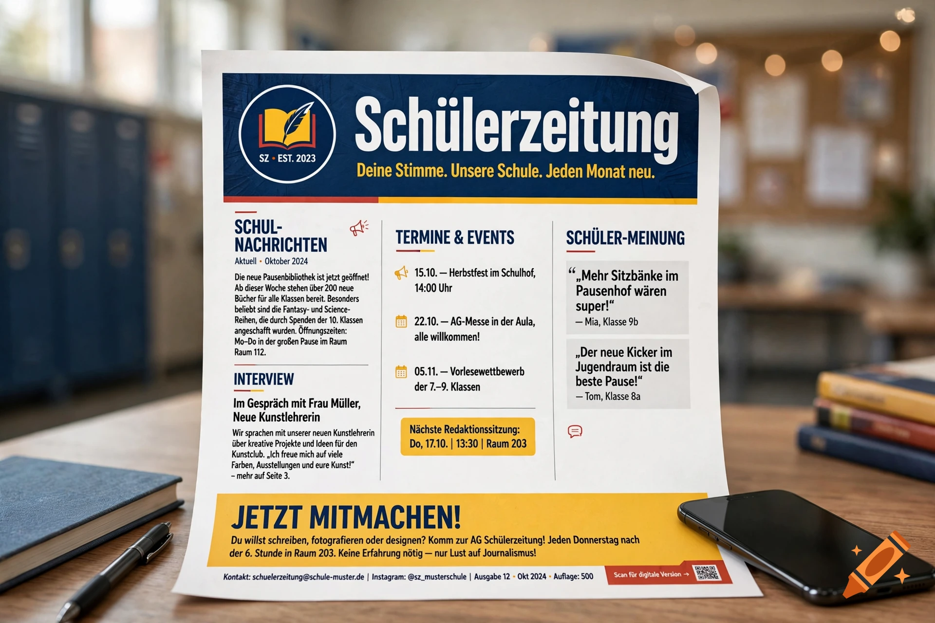 A printed school newspaper titled Schuelerzeitung on a wooden desk with a smartphone and a pen.