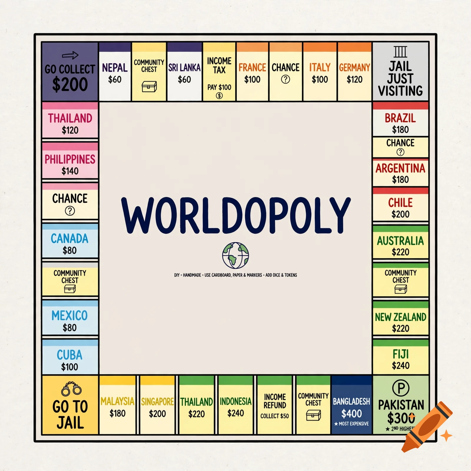 A colorful board game titled 'Worldopoly' featuring various country names and property prices along a square track.