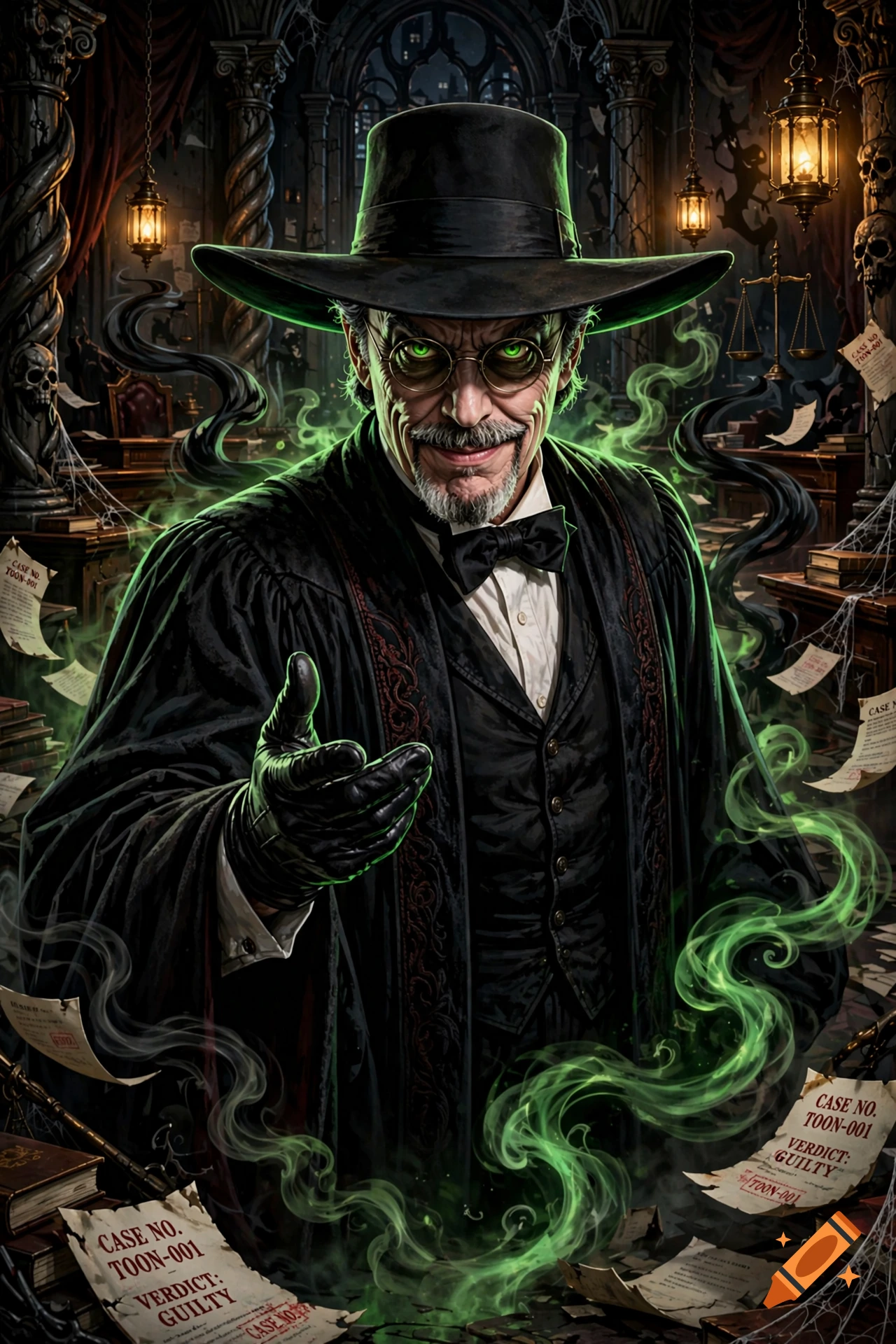 Detailed fantasy portrait of Judge Doom from Roger Rabbit with glowing green eyes, holding out a hand in a gothic library.