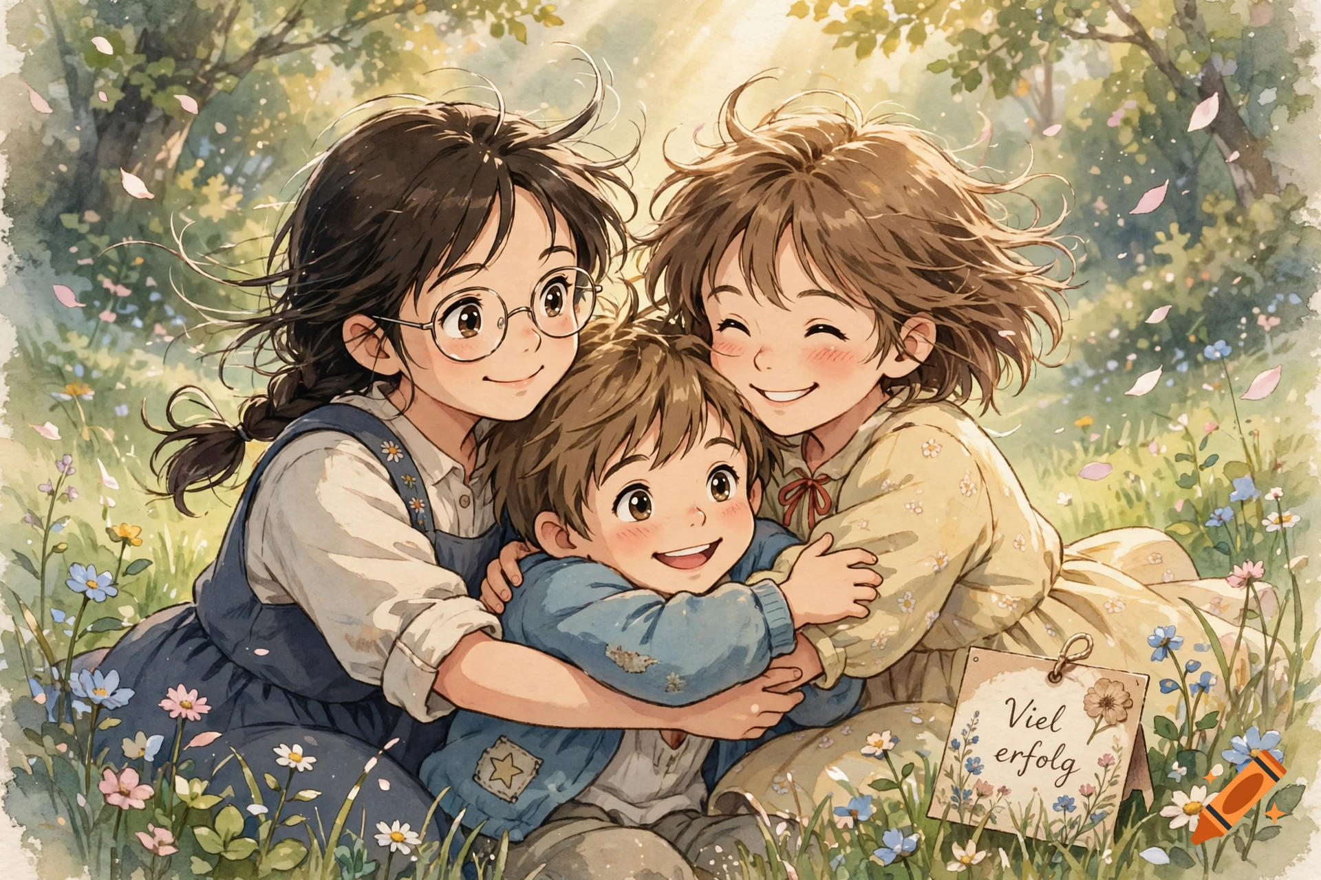 Watercolor anime style illustration of three children hugging happily in a sunny meadow with flowers and a small sign.