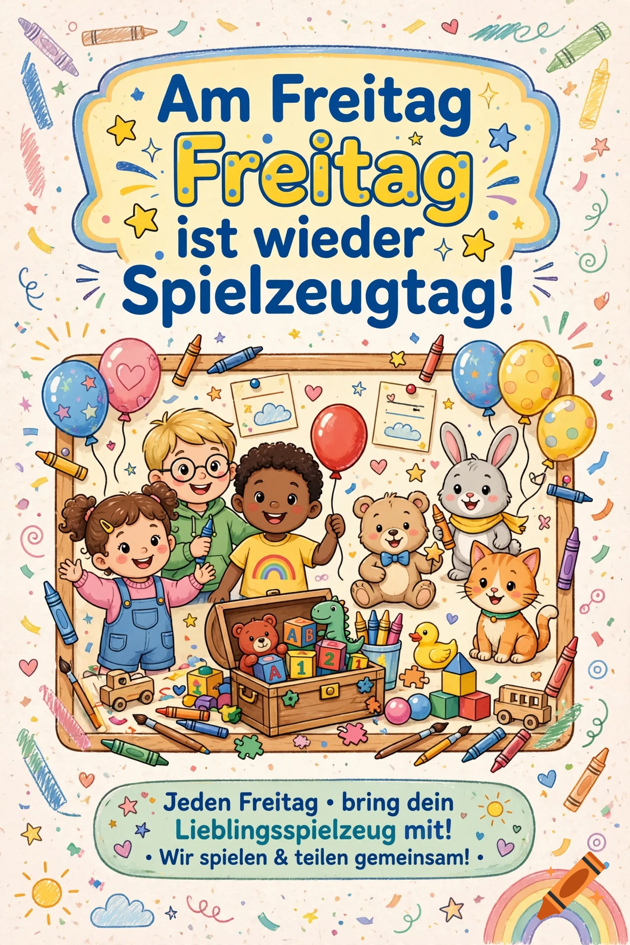 Colorful children's daycare poster with toys, balloons, cute animals, and German text about toy day.