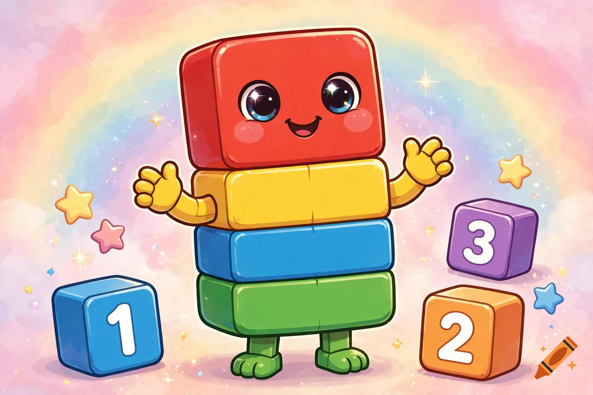 Colorful cartoon stacked blocks character with cute big eyes, surrounded by numbered blocks, against a pastel rainbow background.