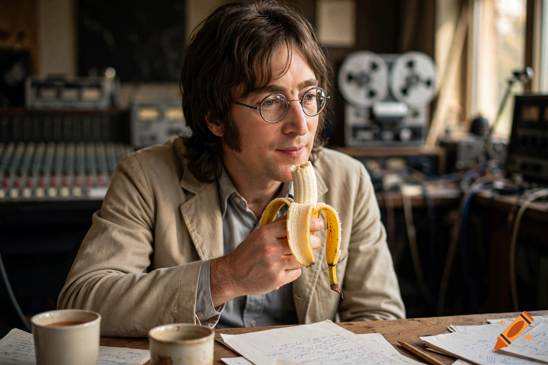 Photorealistic image of John Lennon eating a banana in a recording studio.