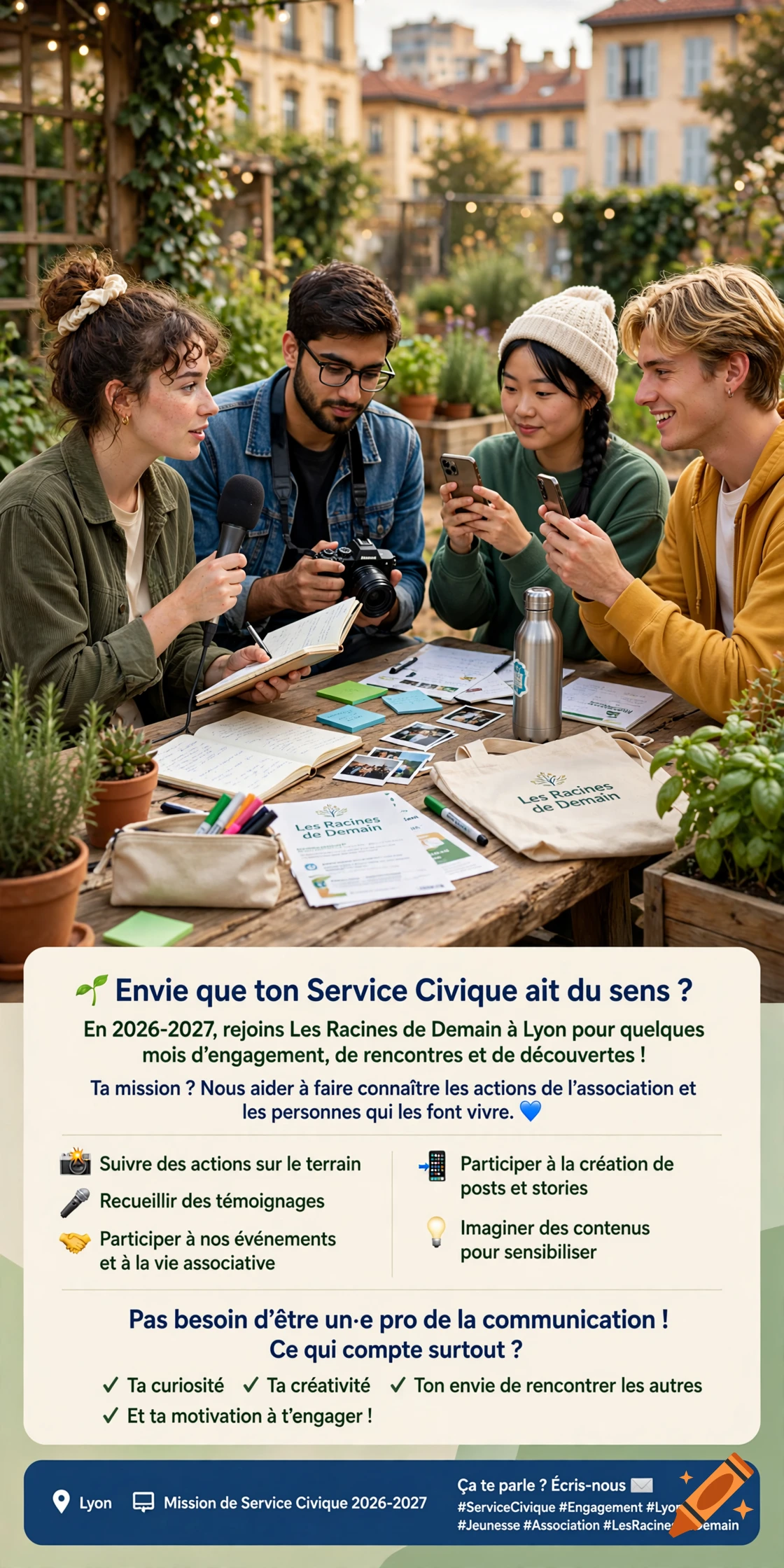 Four young adults collaborating around an outdoor wooden table with notebooks, microphones, and smartphones, with promotional text overlay.