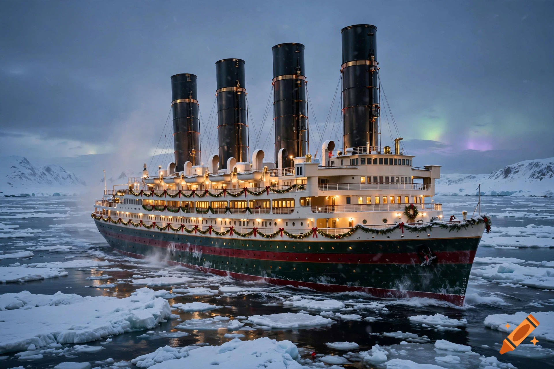 A photorealistic four-funnel ocean liner decorated for Christmas sailing through an arctic sea filled with icebergs.