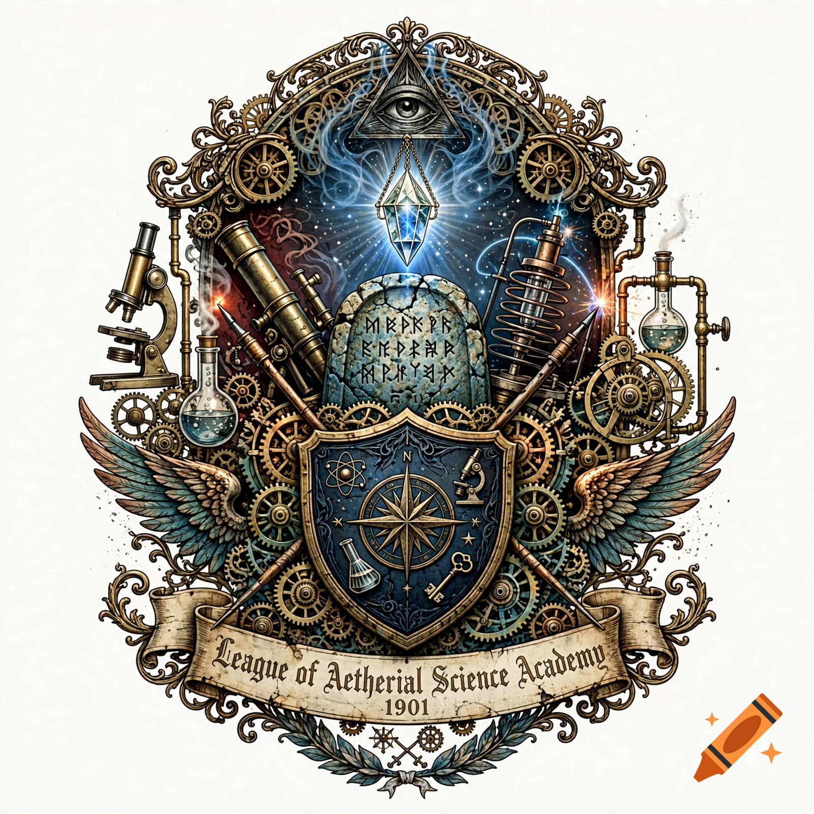 Steampunk academic crest with a shield, compass, microscope, telescope, and the text League of Aetherial Science Academy 1901.