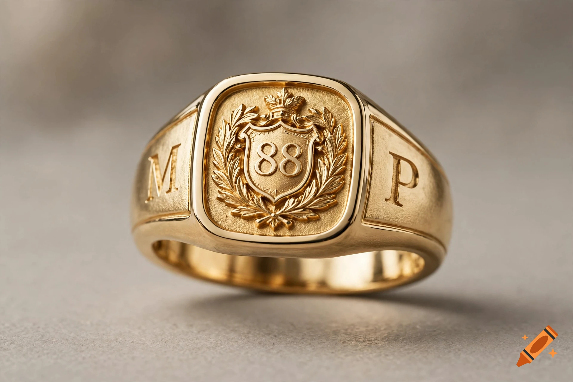 A close-up photorealistic shot of a gold signet ring featuring a crest with the number 88 and the letters M and P on the sides.